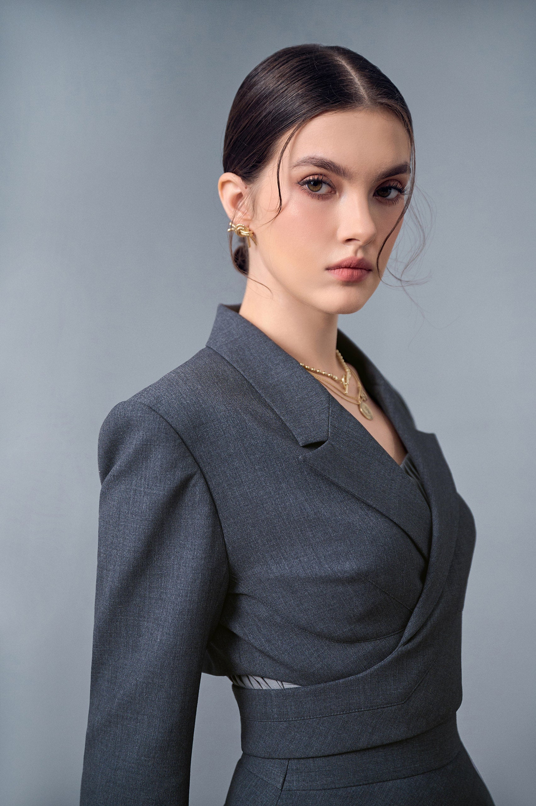 Cloud Gray Crisscrossed Croptop Blazer