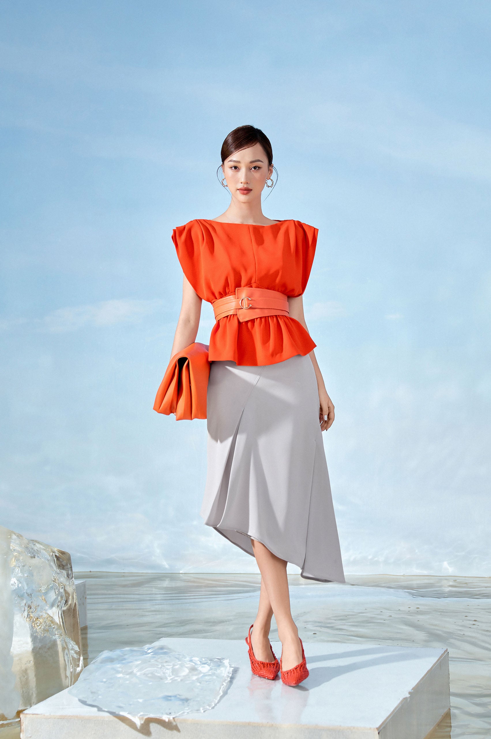 Orange Boat-neck Blouser Cream Lopsided Skirt