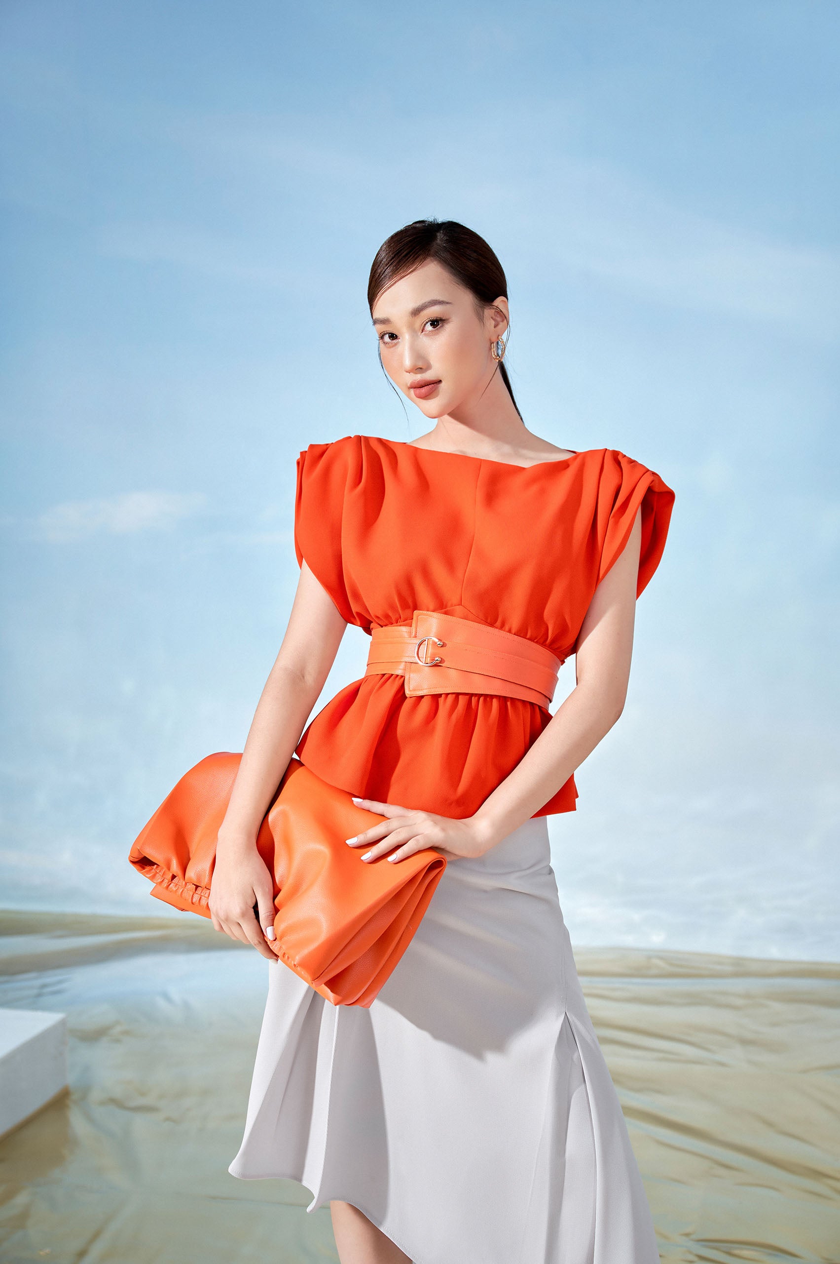 Orange Boat-neck Blouser Cream Lopsided Skirt