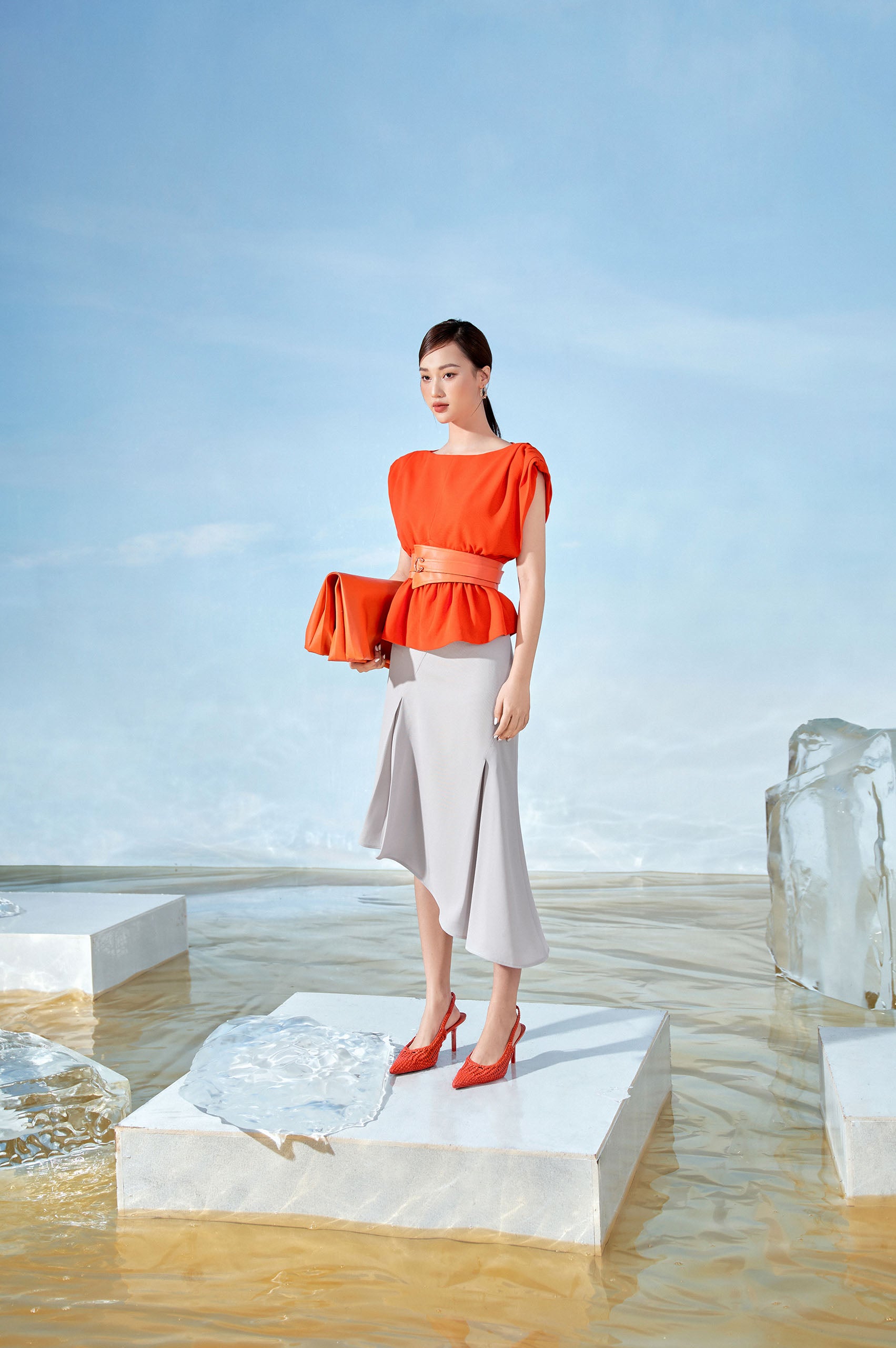 Orange Boat-neck Blouser Cream Lopsided Skirt