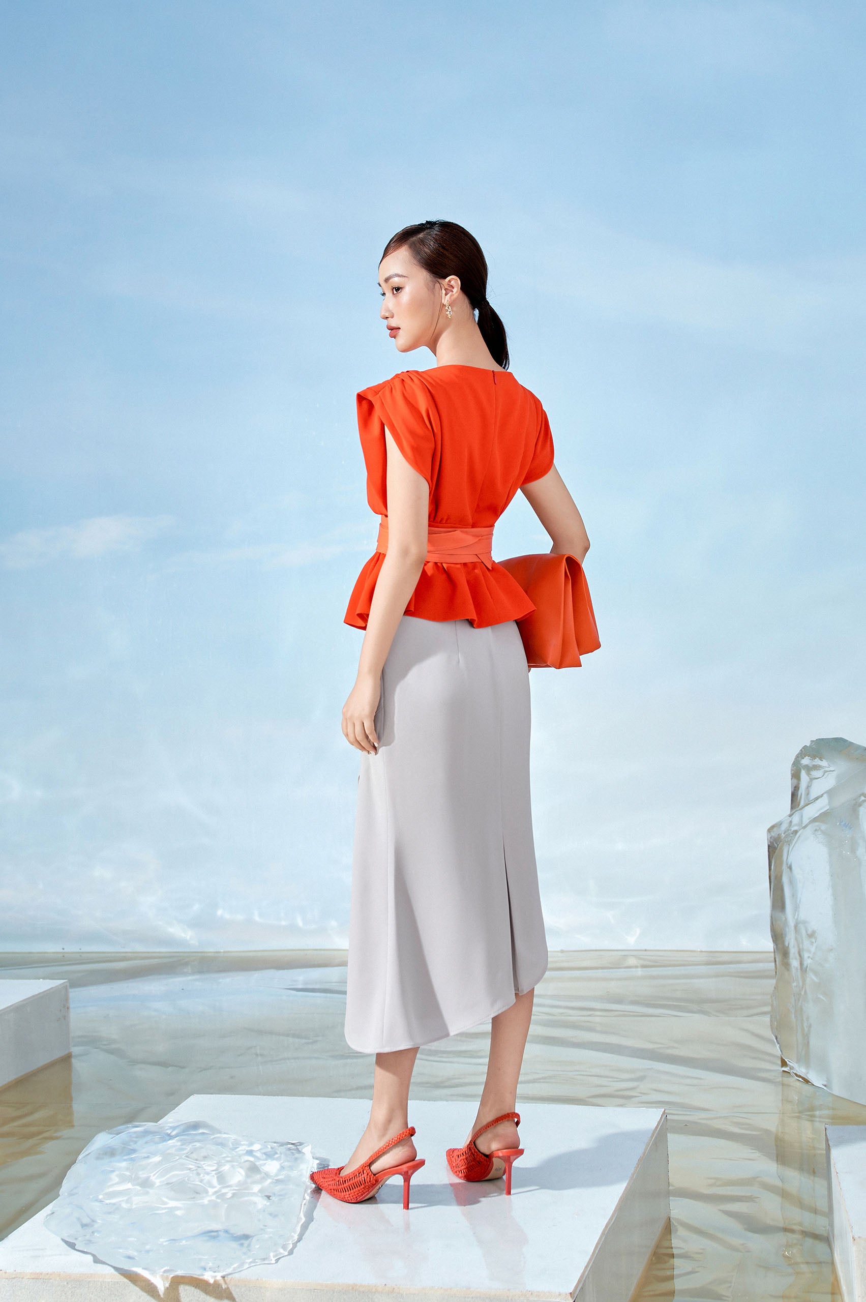 Orange Boat-neck Blouser Cream Lopsided Skirt