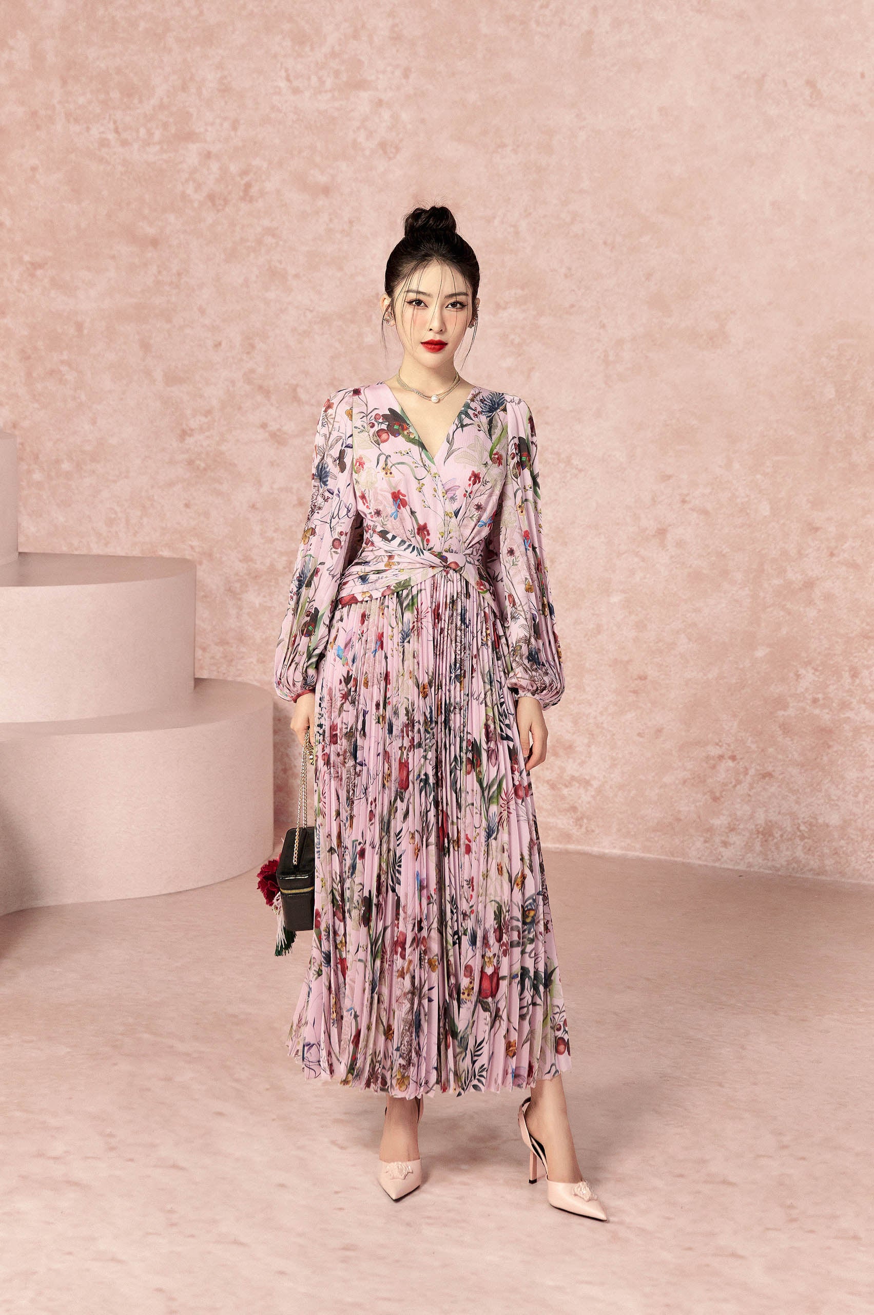 Lavender Pink Pleated Maxi Dress