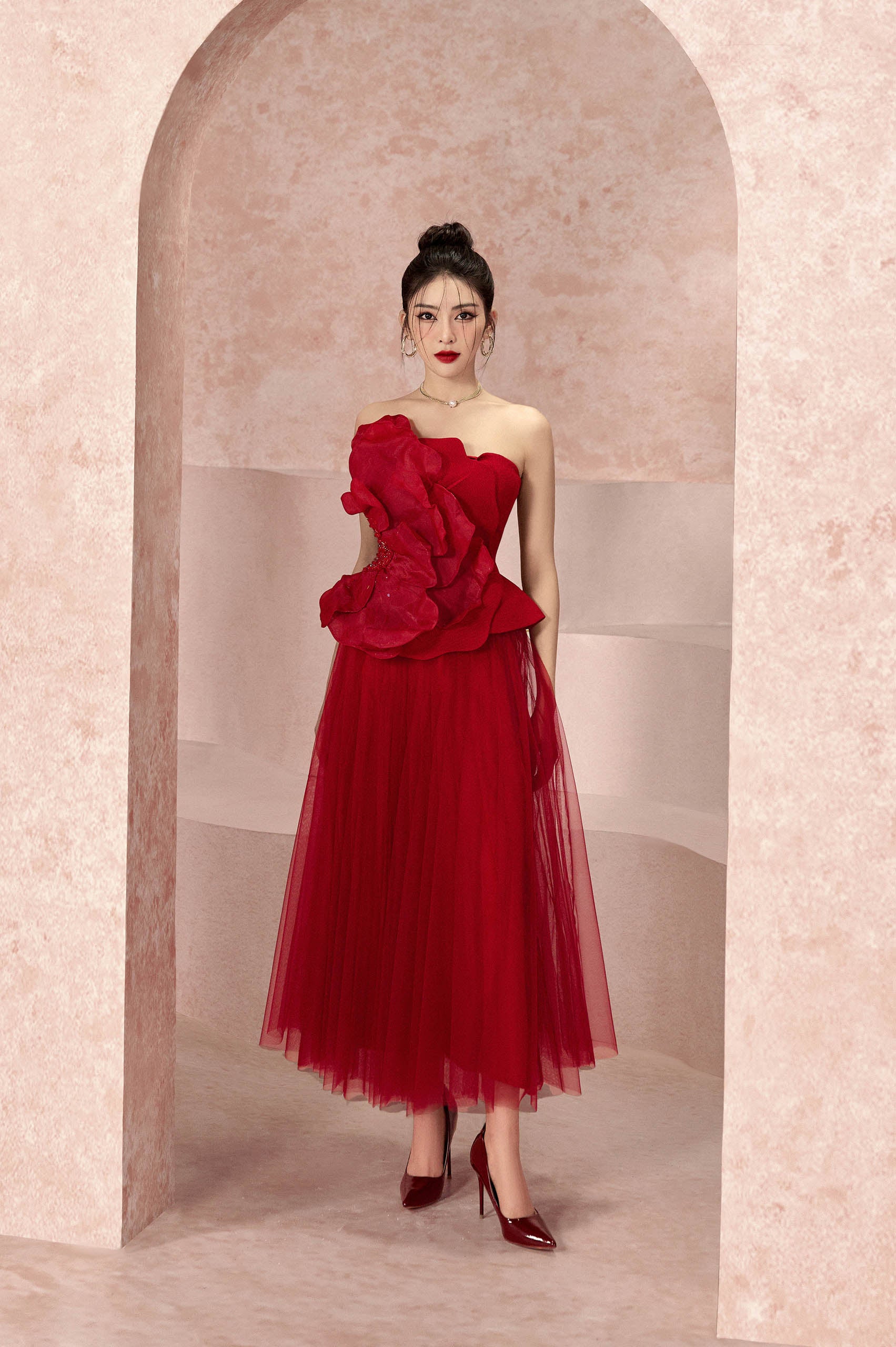 Pomegranate Floral 3D Strapless Shirt & Chiffon Skirt