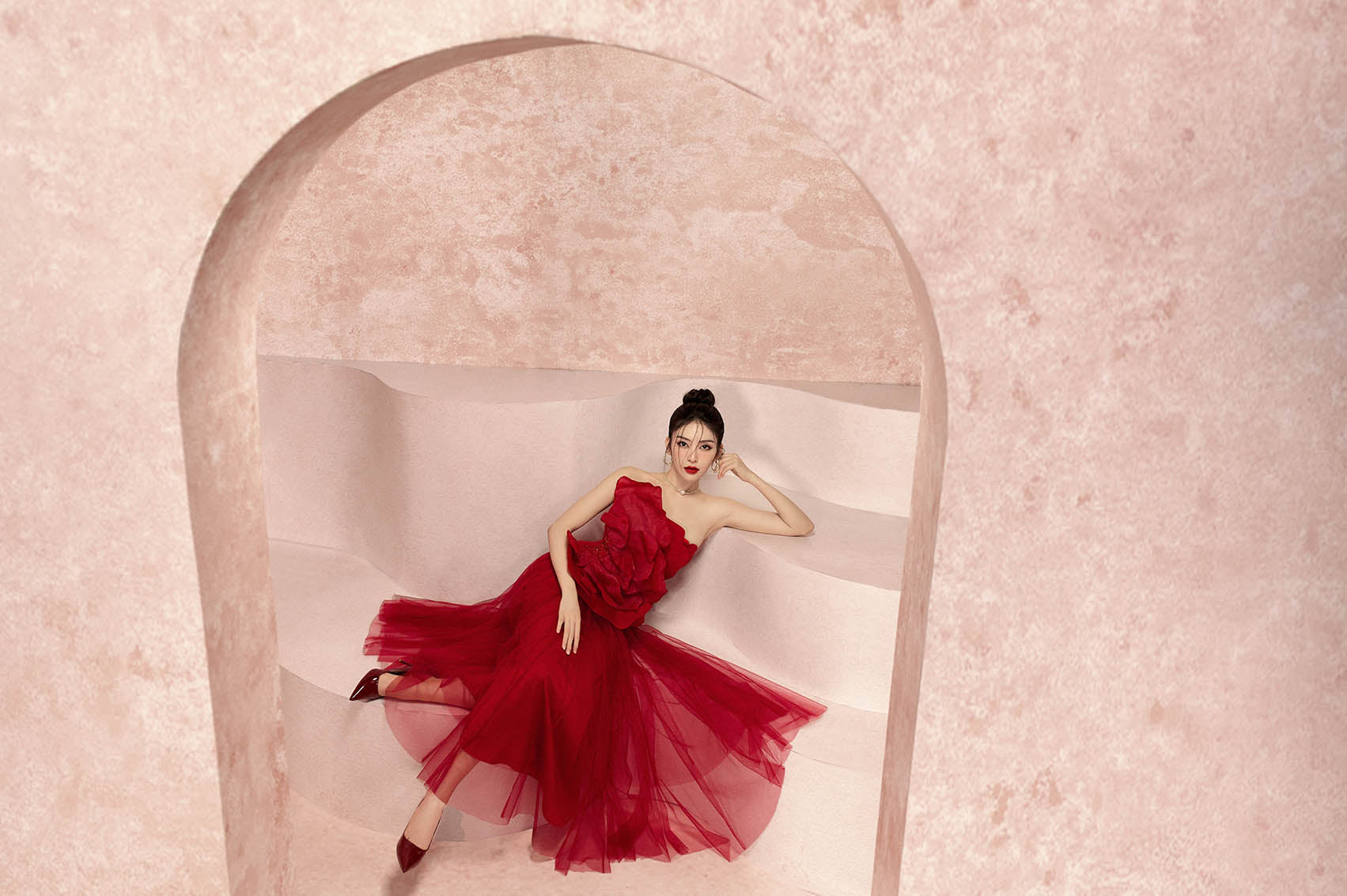 Pomegranate Floral 3D Strapless Shirt & Chiffon Skirt