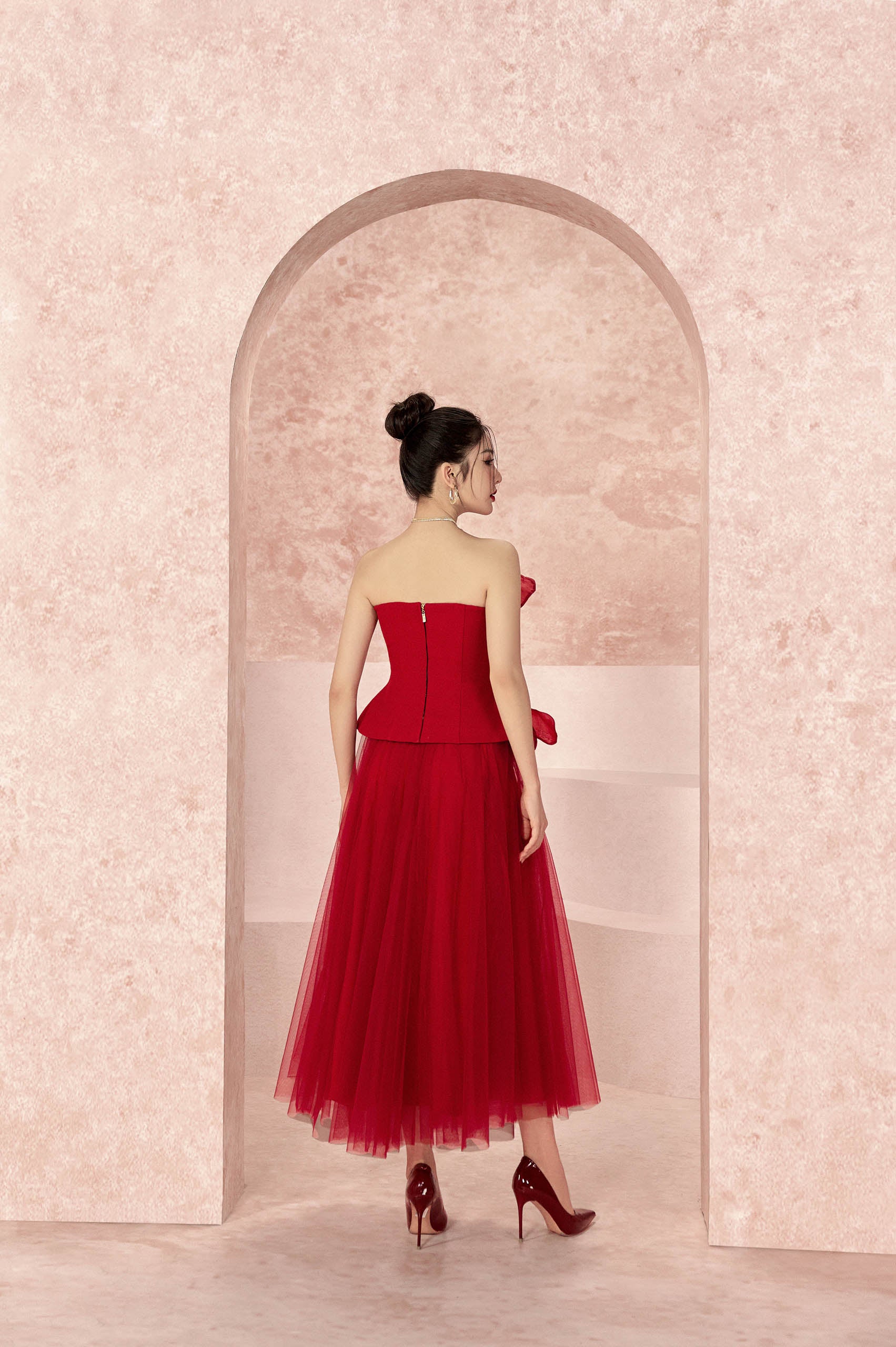 Pomegranate Floral 3D Strapless Shirt & Chiffon Skirt