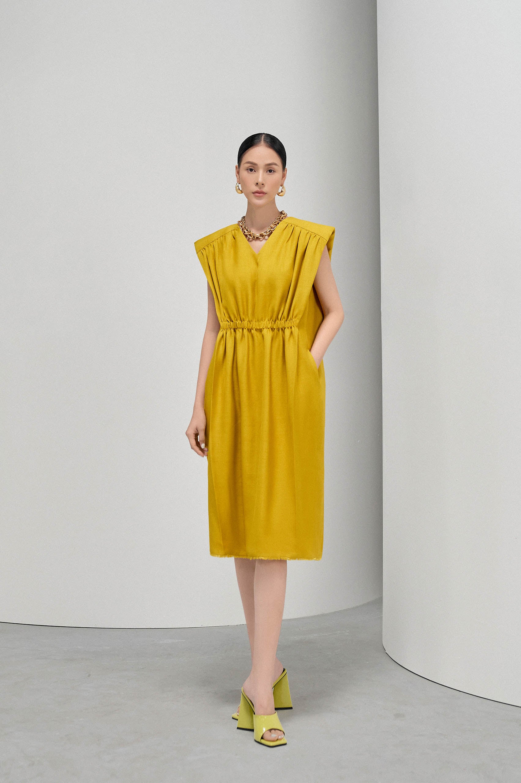 V-neck Square Shoulder Dress