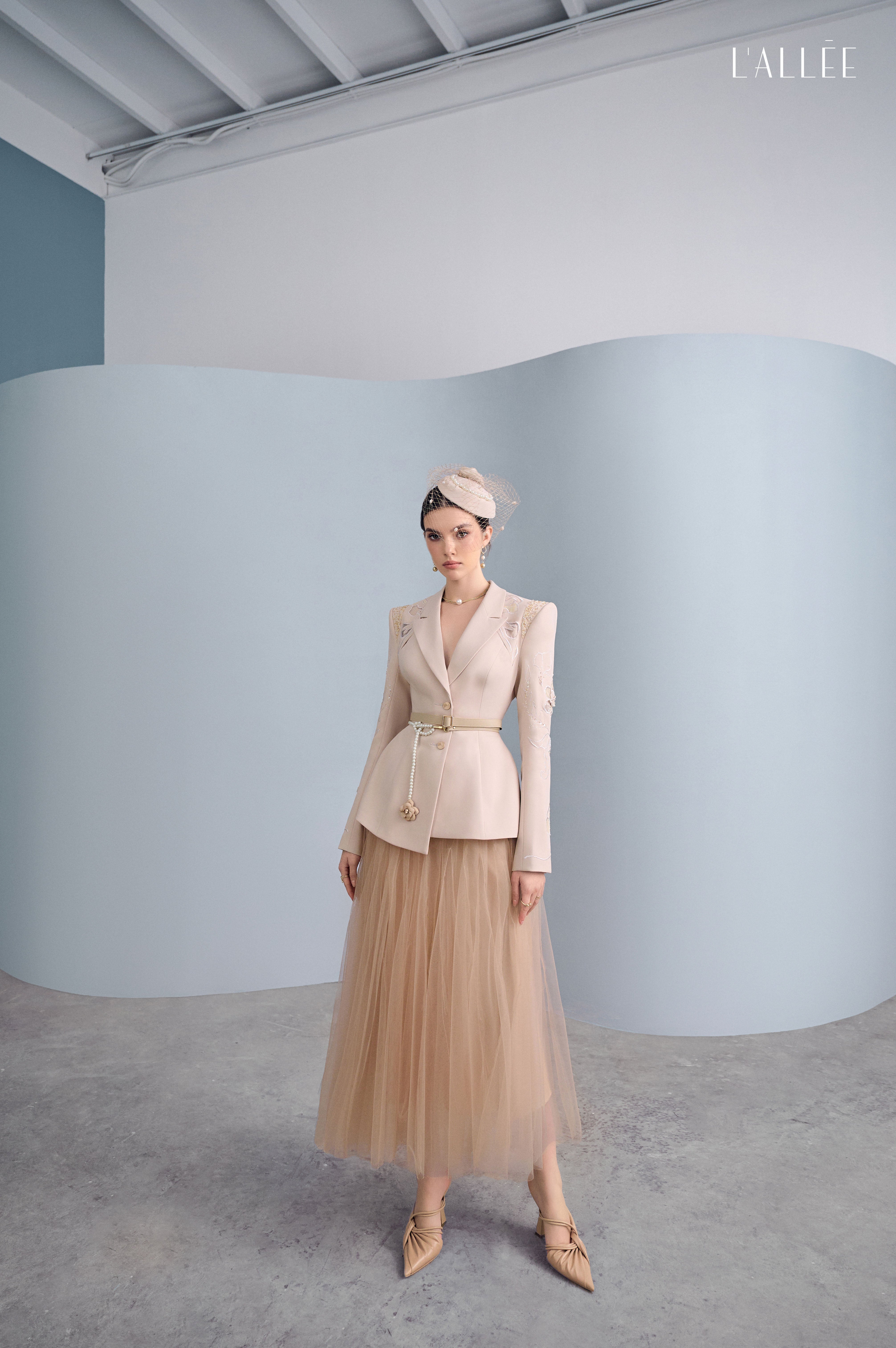 Camel Asymmetrical Lapel Blazer & Chiffon Skirt