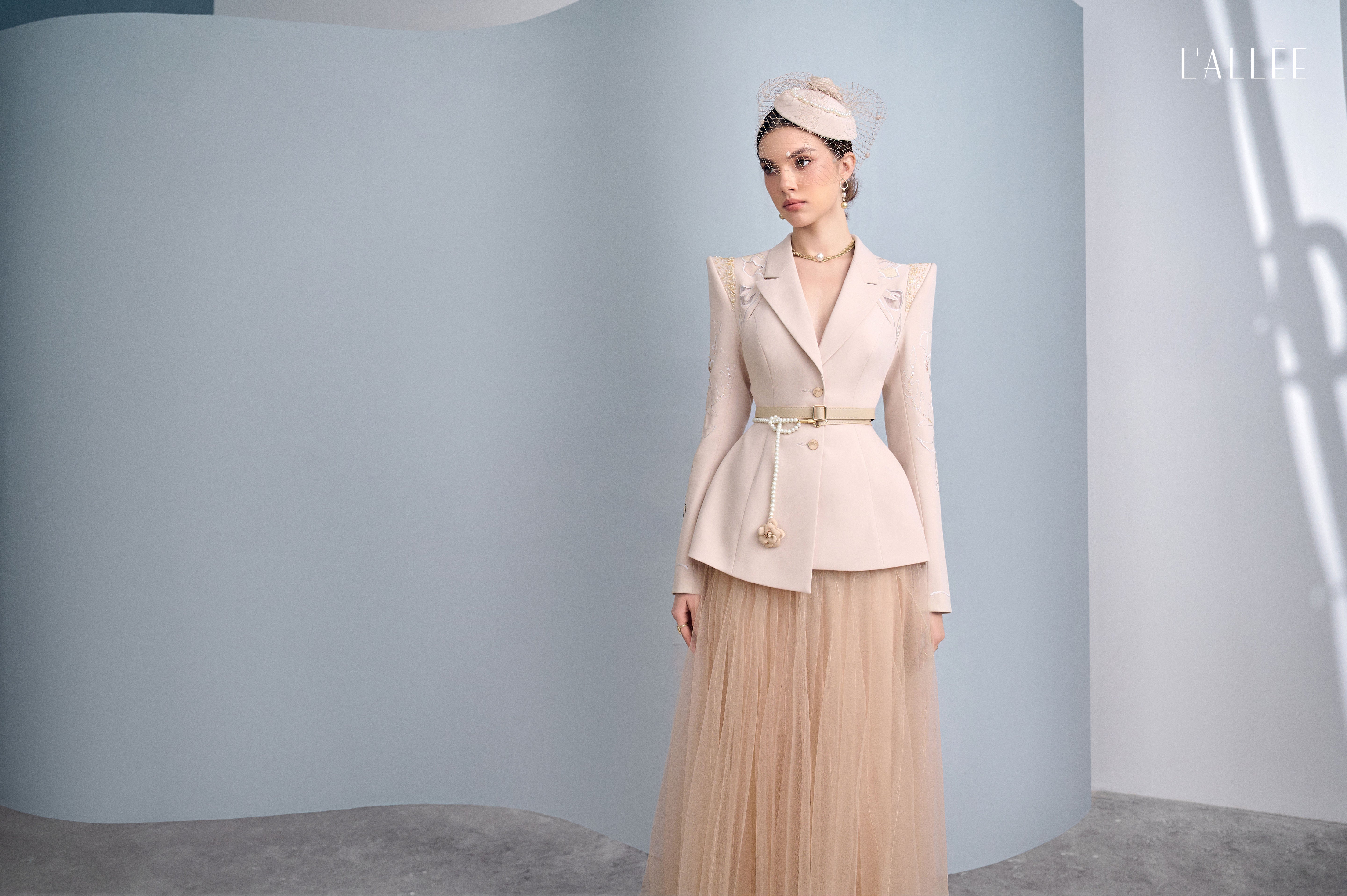 Camel Asymmetrical Lapel Blazer & Chiffon Skirt