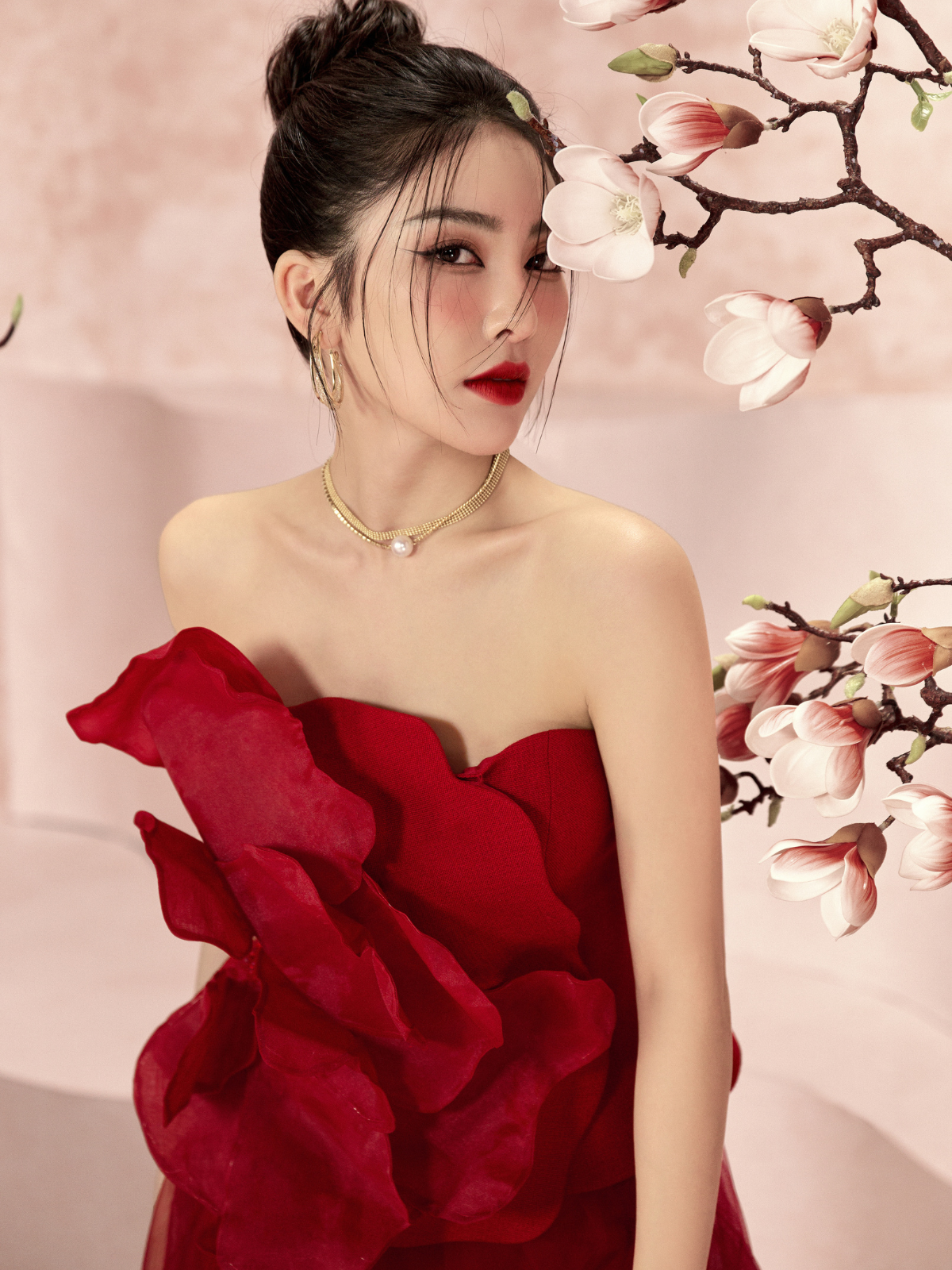 Pomegranate Floral 3D Strapless Shirt & Chiffon Skirt