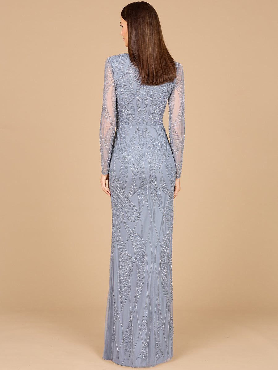 V Neck Beaded Long Sleeve Dress 29094