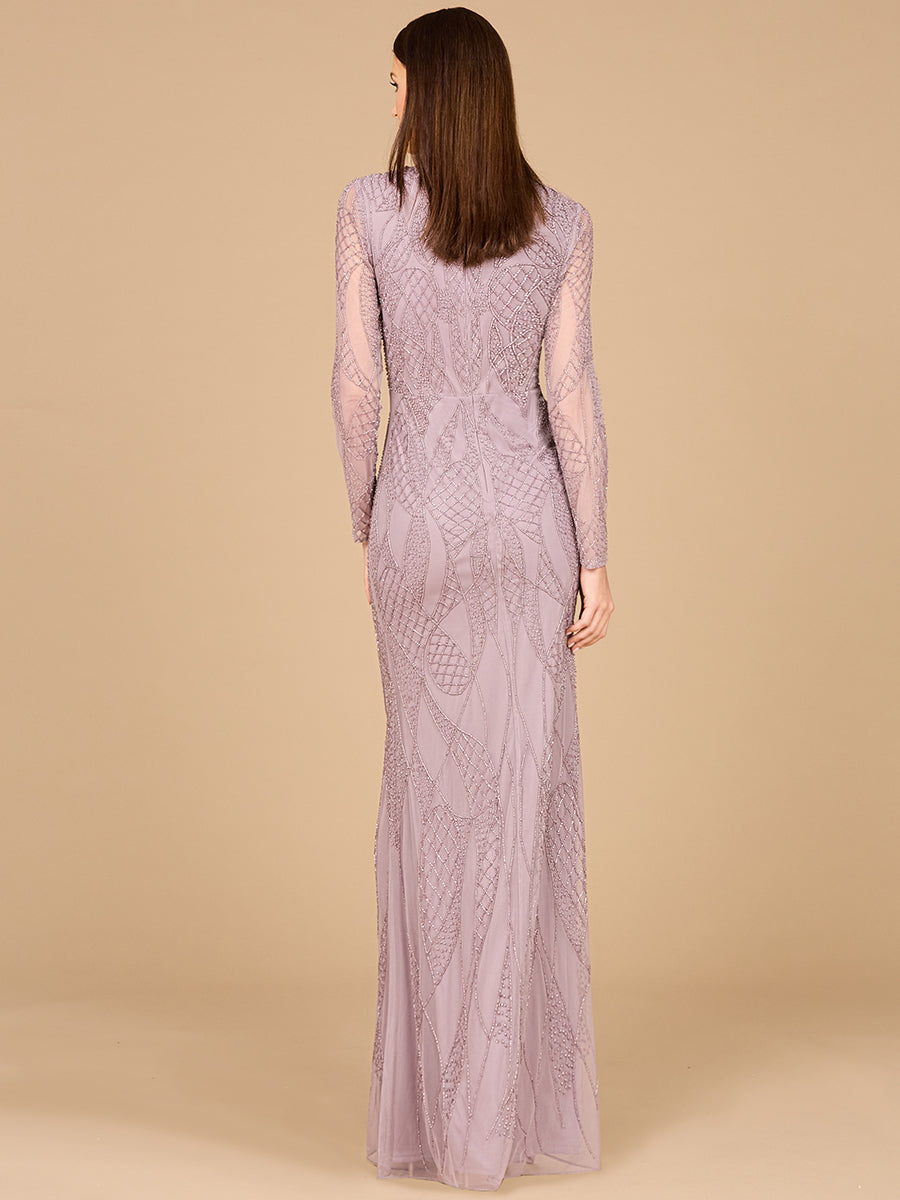 V Neck Beaded Long Sleeve Dress 29094