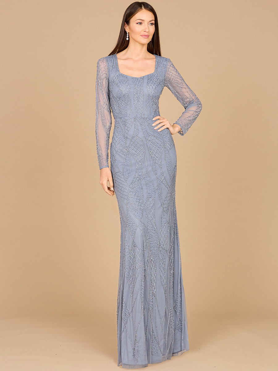 V Neck Beaded Long Sleeve Dress 29094