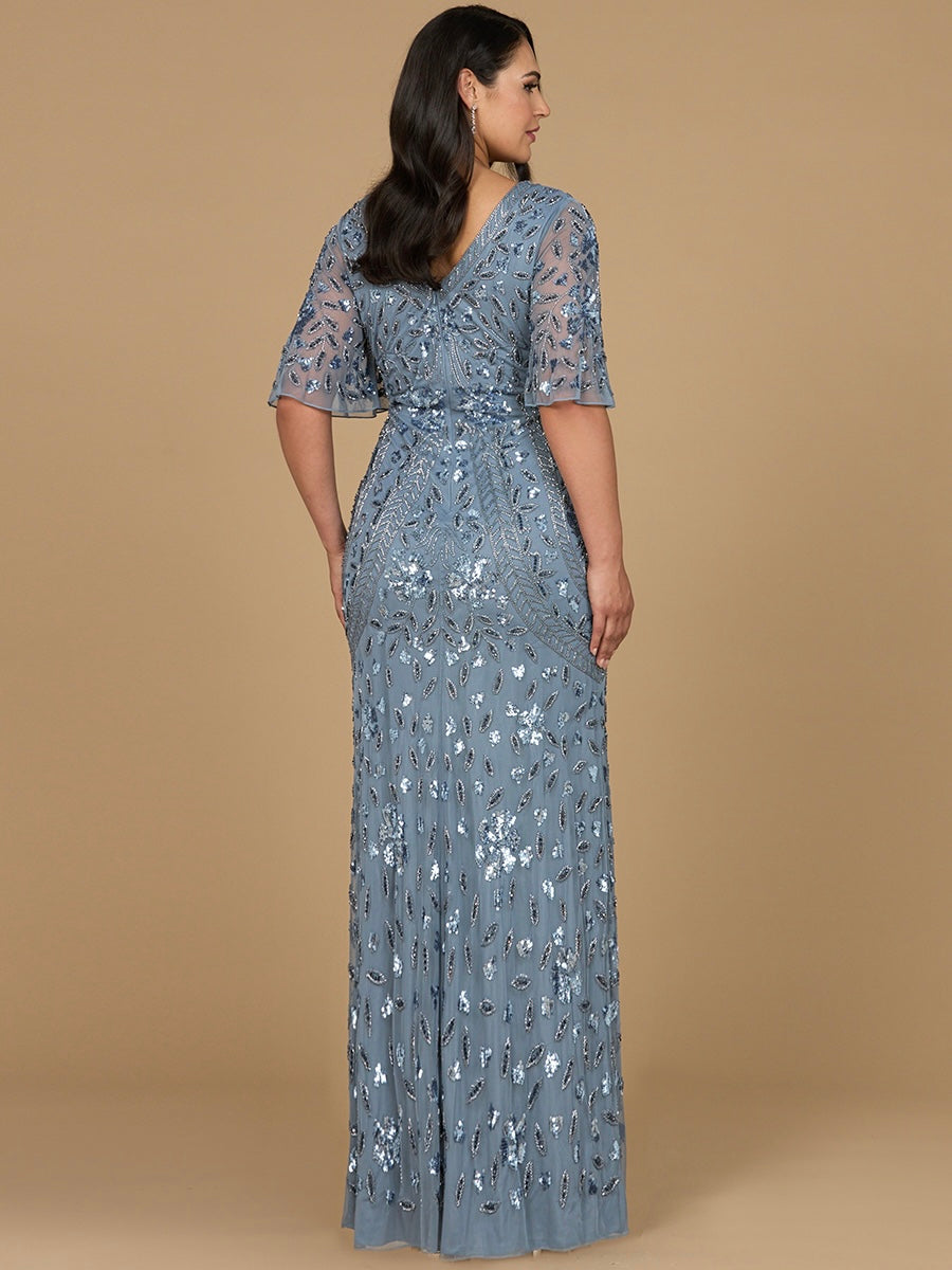 V-Neck, Cape Sleeve Beaded Gown 28975