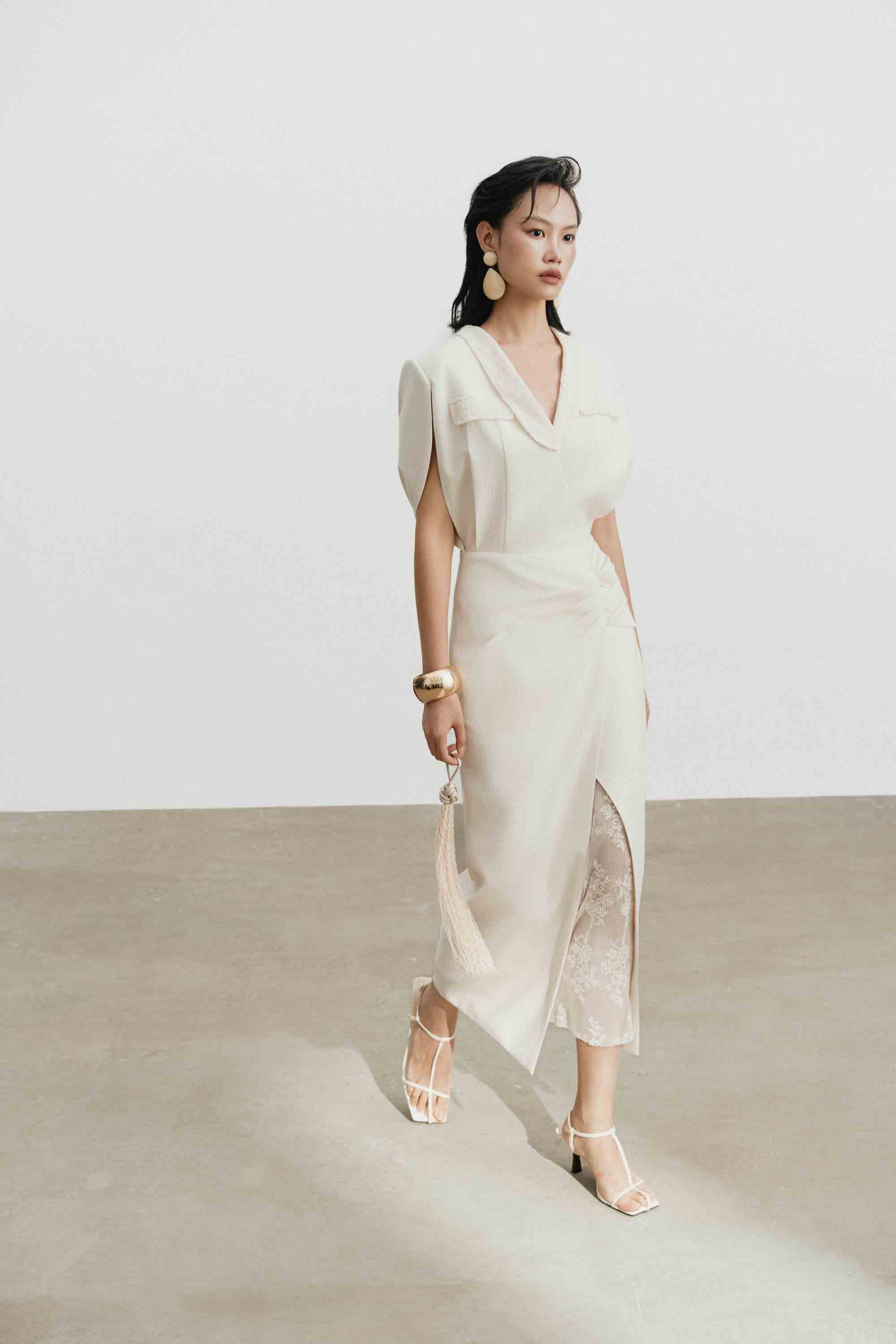 V-Neck Draped Midi Dress