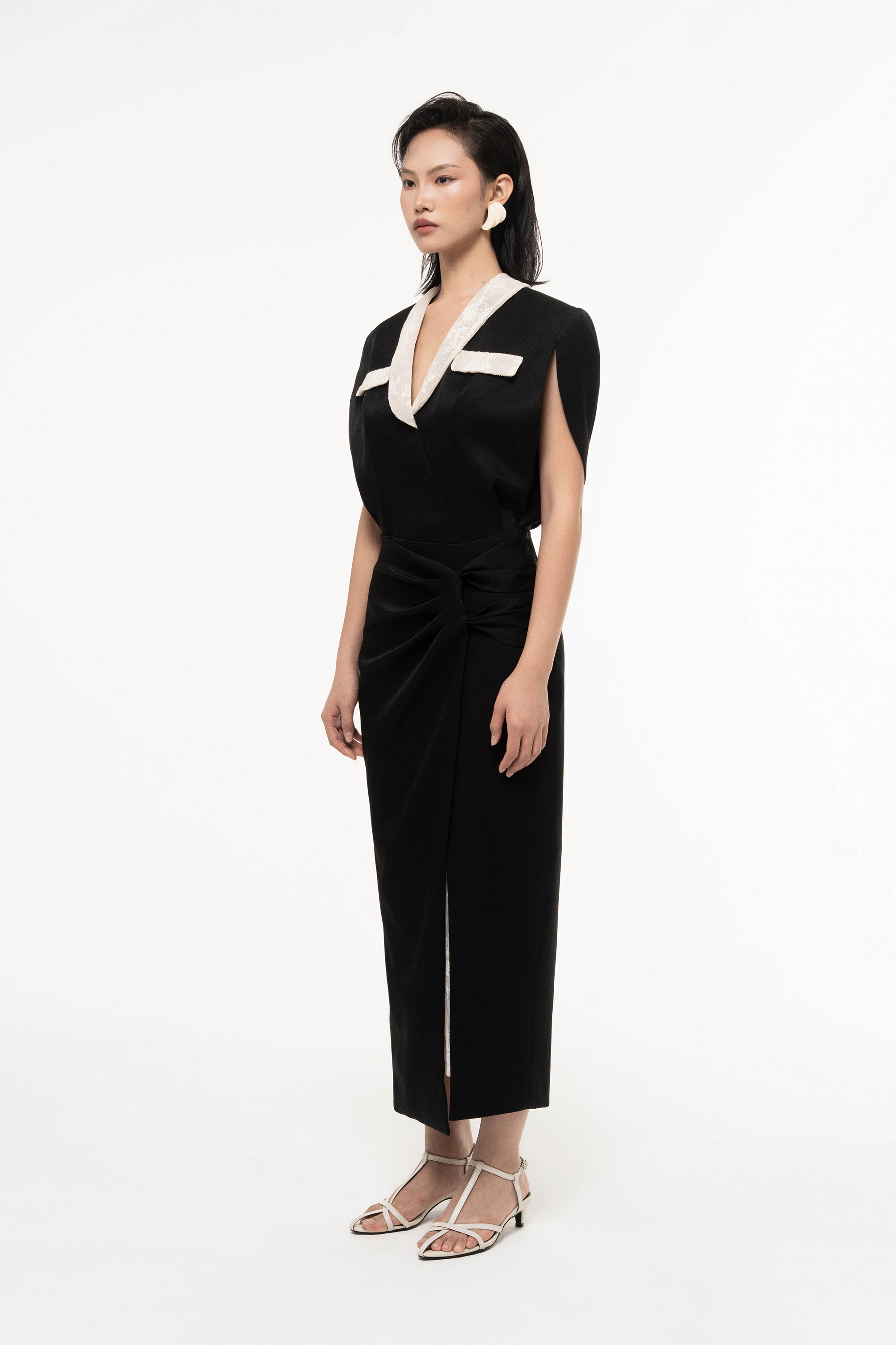 V-Neck Draped Midi Dress