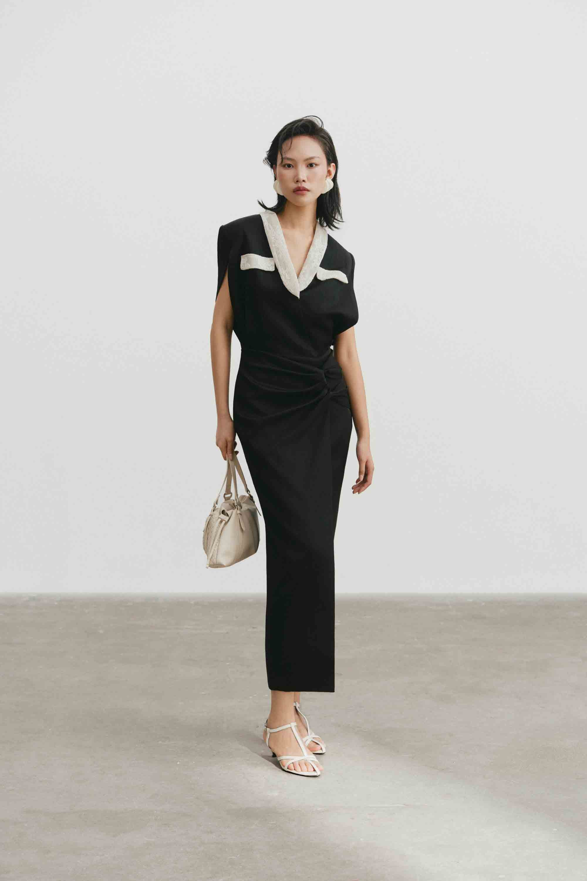 V-Neck Draped Midi Dress