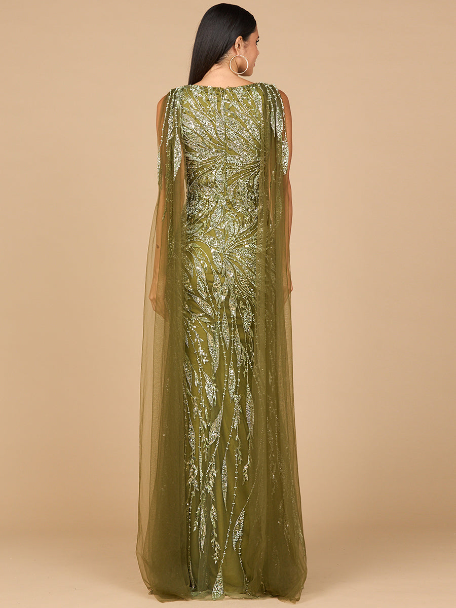 V-Neck Gown with Long Cape Sleeves 28963