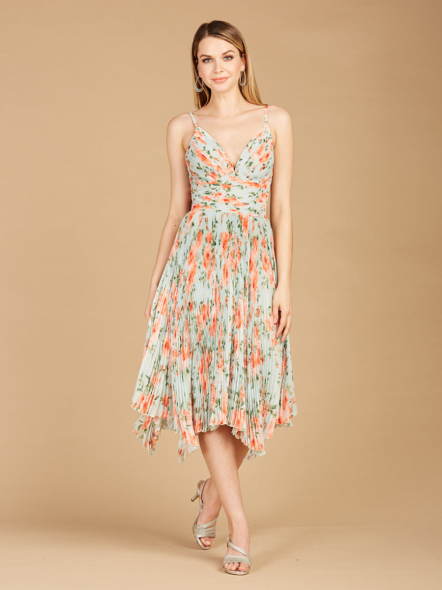 V-Neck Printed Midi Length Dress with Pleats 29243
