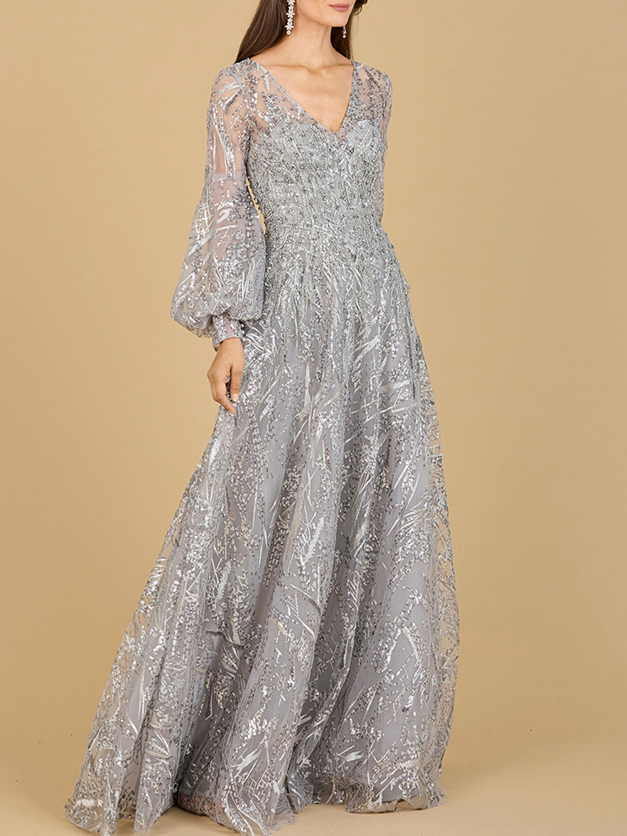 V Neckline Long Sleeve Gown 29198