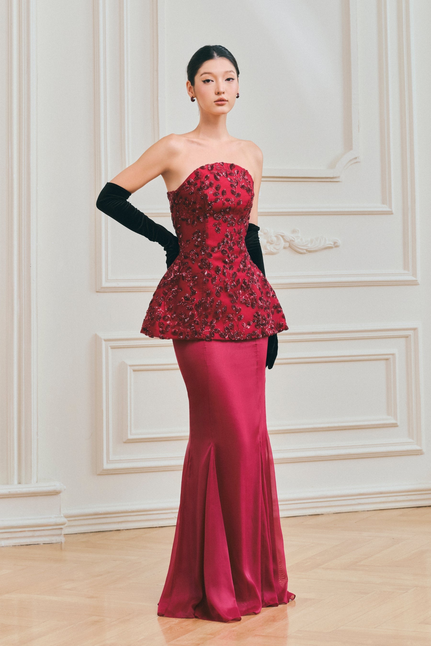 strapless peplum dress Strapless Peplum Dress with 3D Bow and Feather Details Light Pink / US 12