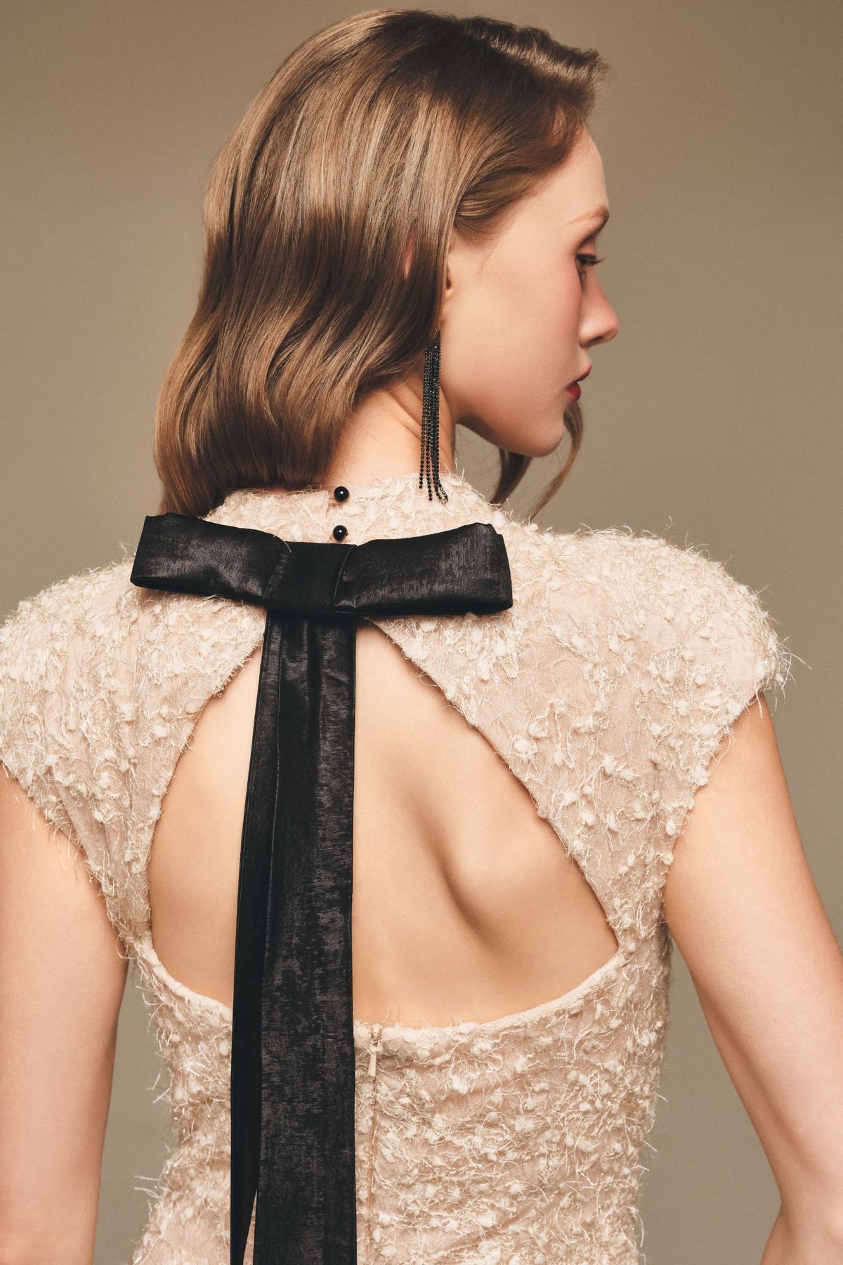 Draped Lace Open Back Bow Gown
