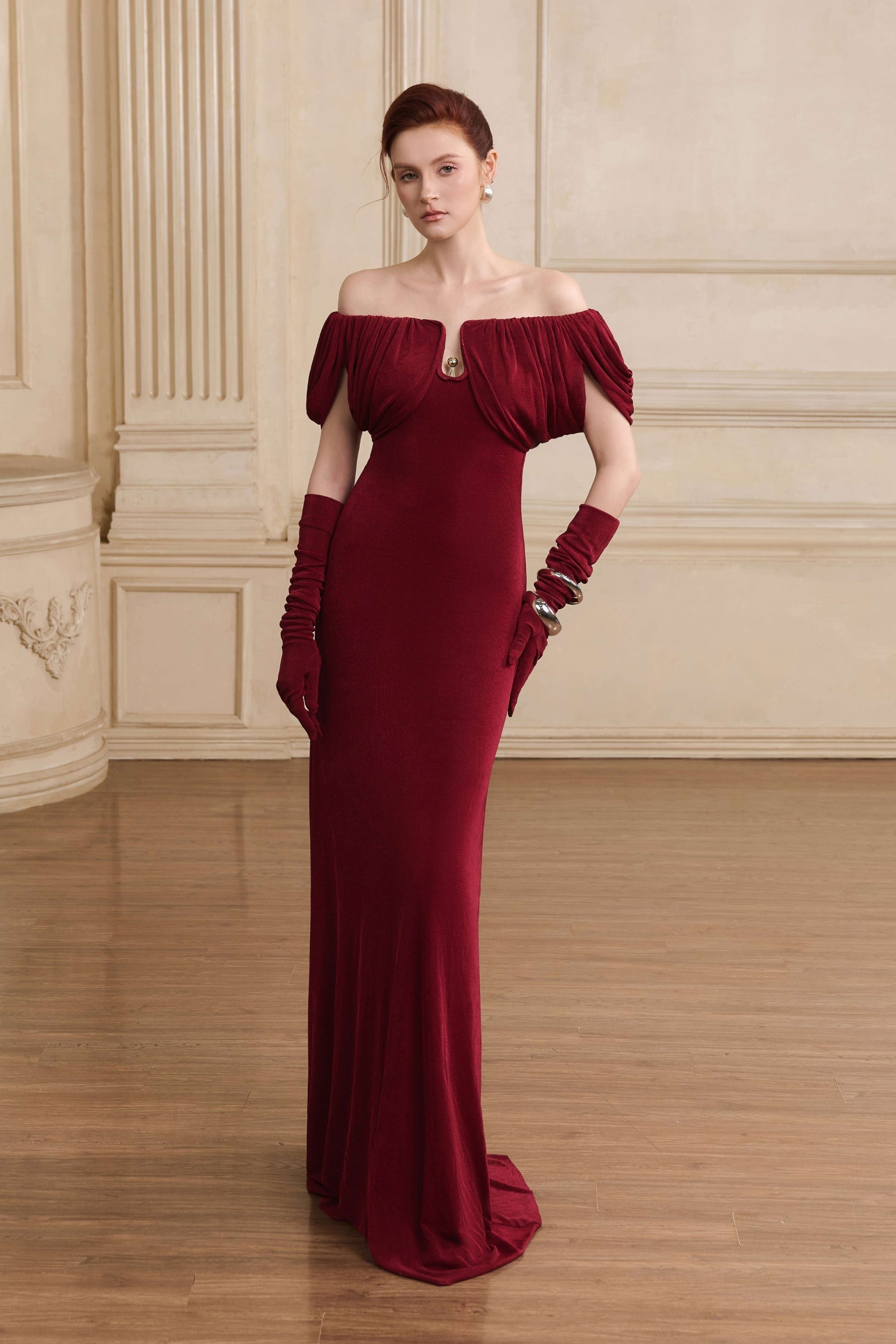 Valentine Draped Off Shoulder Maxi Gown