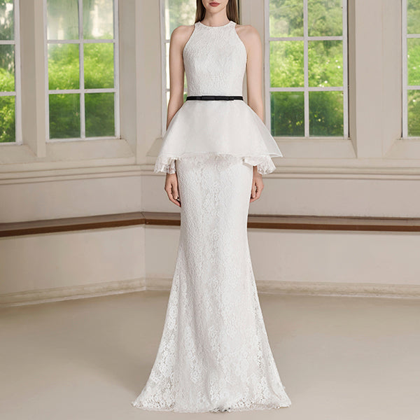 Ory Set – Lace Peplum Column Gown with Bow Belt