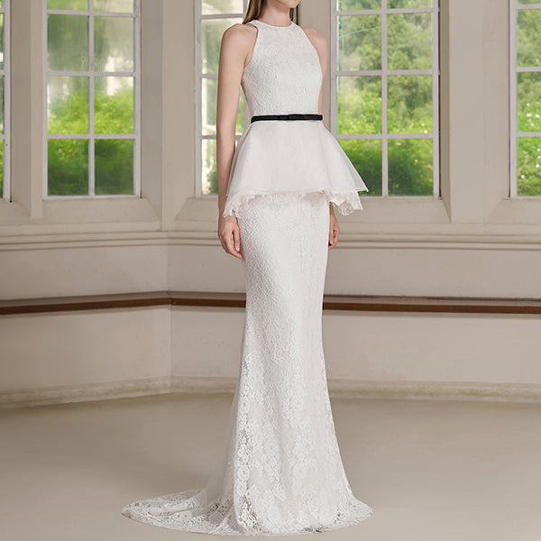 Ory Set – Lace Peplum Column Gown with Bow Belt