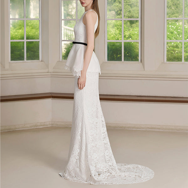 Ory Set – Lace Peplum Column Gown with Bow Belt