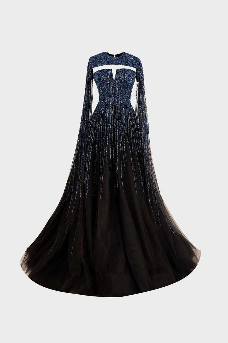 Nour Fathallah M1000 - Embellished Tulle Ball Gown with Cape Detail