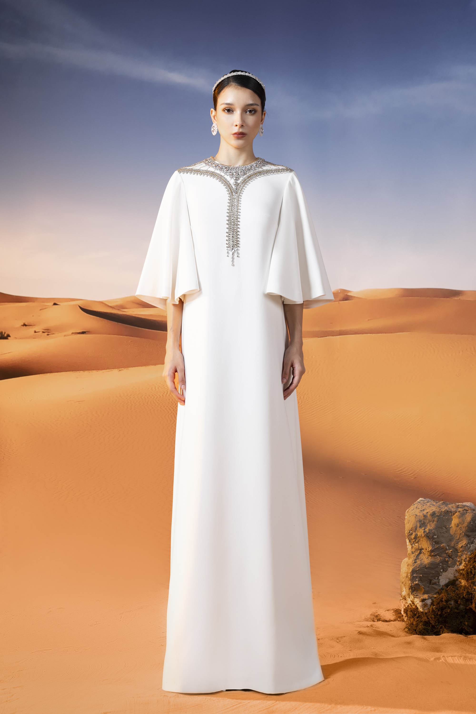 White Gown with Golden Embroidery and Cape