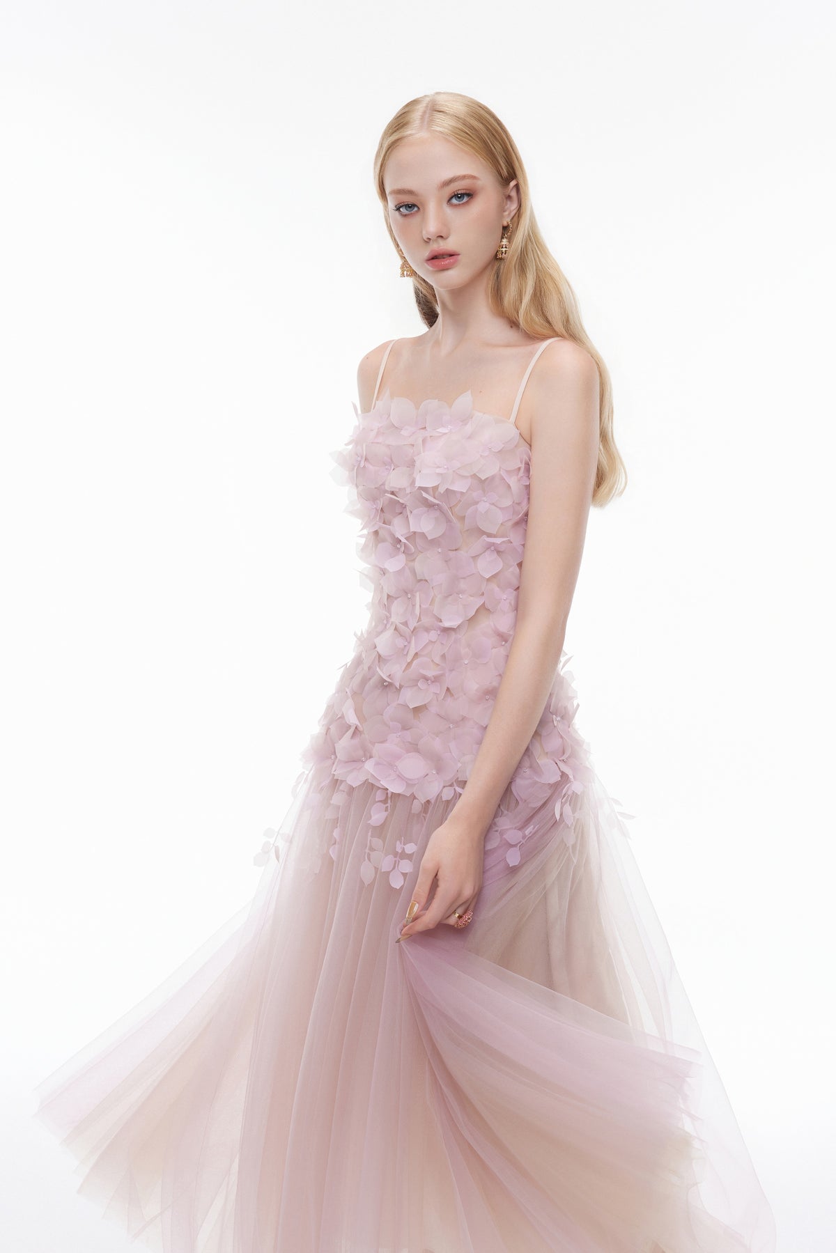 Joséphine DULCIE dress in LightPurple, floral appliqué and layered sheer skirt