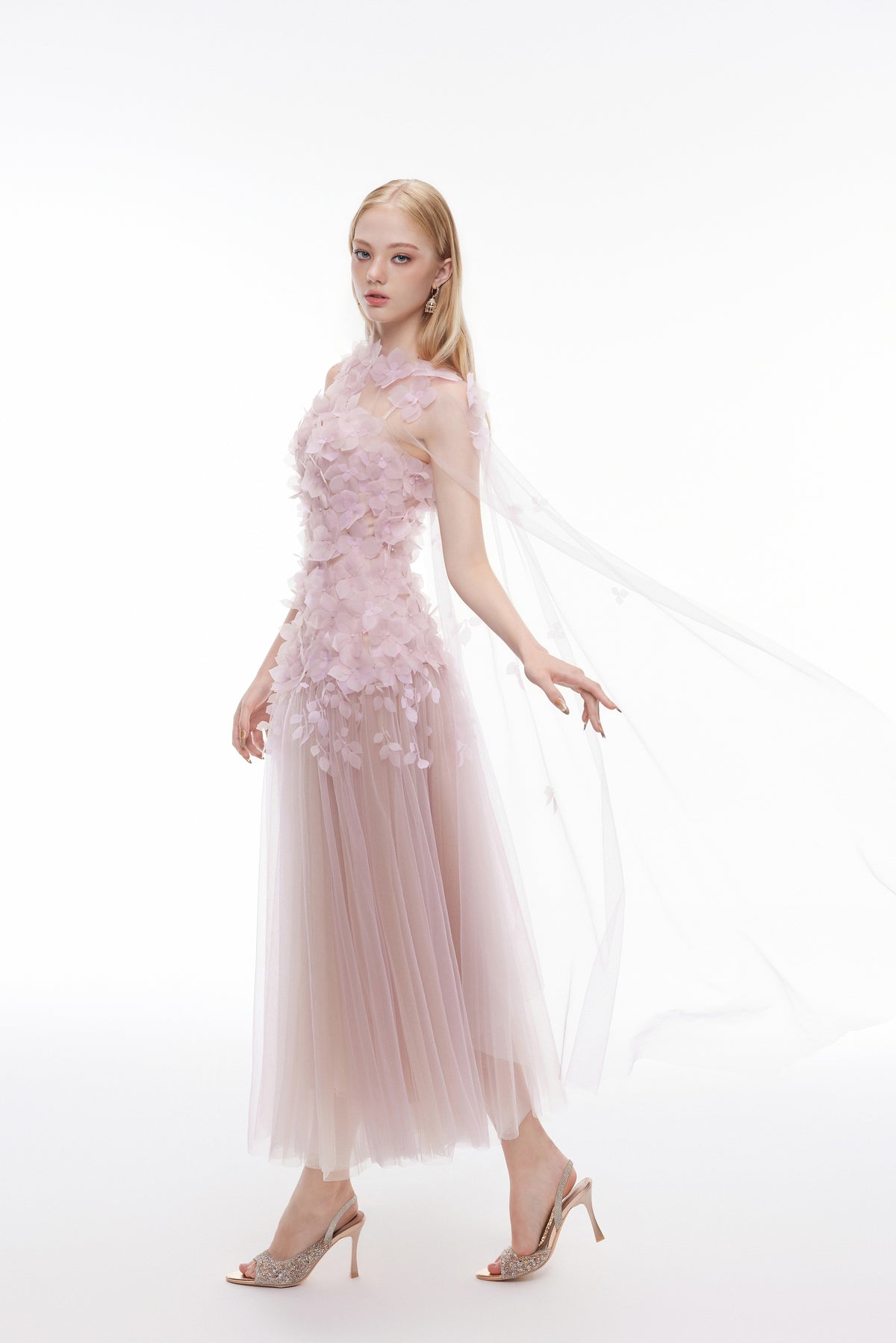 Joséphine DULCIE dress in LightPurple, floral appliqué and layered sheer skirt