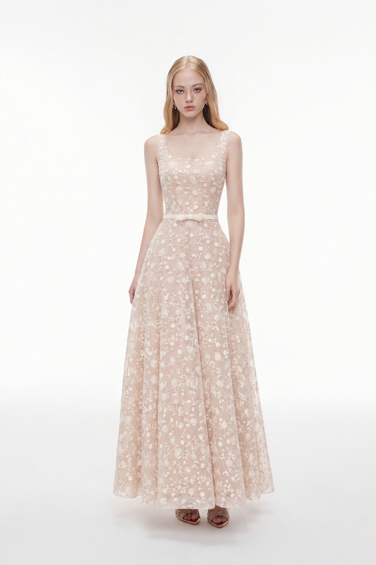 Joséphine IVORY dress in Beige, full-length front view with floral lace and bow waist.