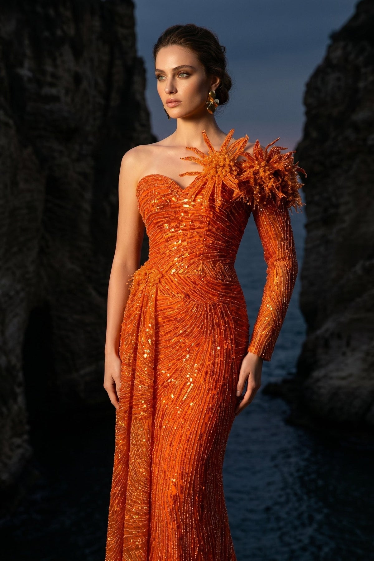 Li Beirut M1172 – One-Shoulder Orange Embellished Couture Evening Gown