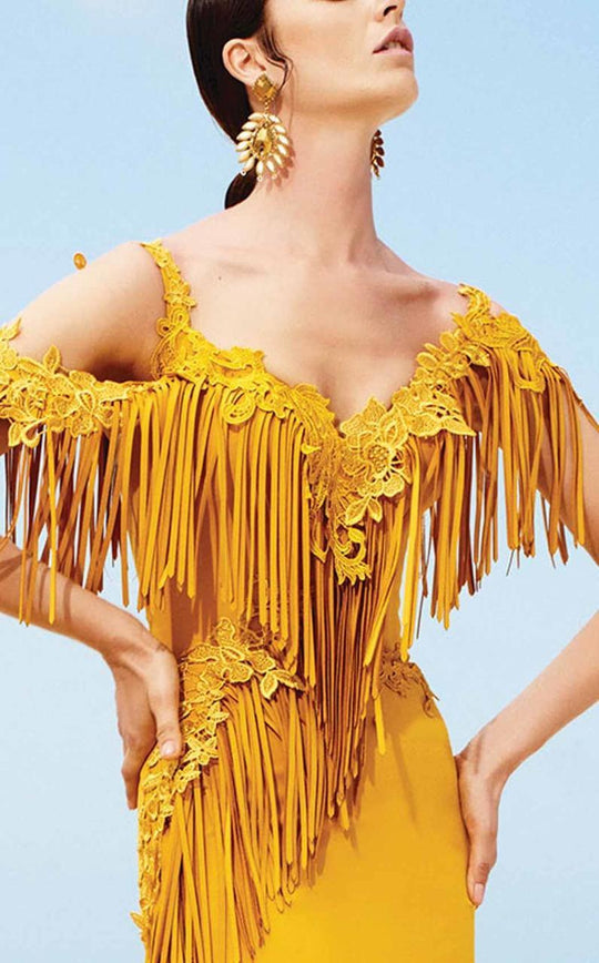 Embellished Cold Shoulder Fringed Evening Gown 2347