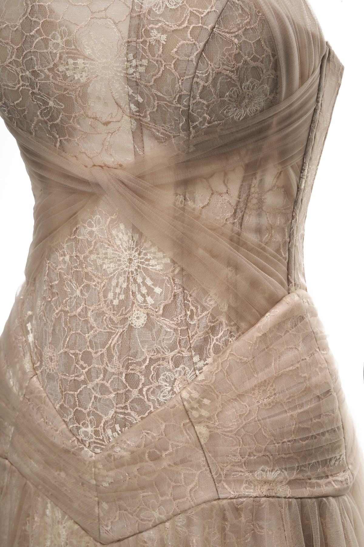 Joséphine SILVIA dress in Brown, close-up of floral detail and draping.