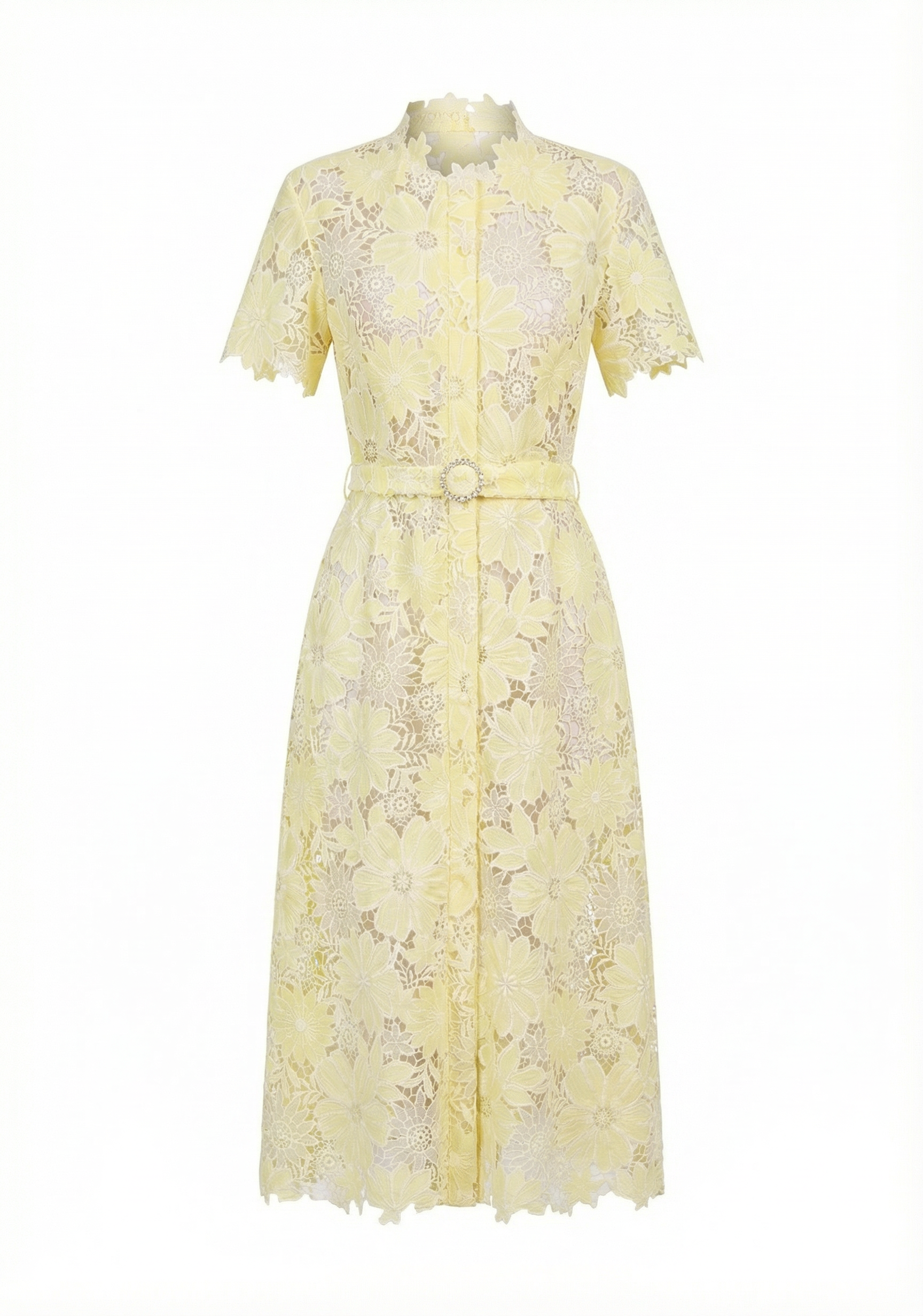 Belted Floral-Lace Shirt Midi Dress – Honey Yellow