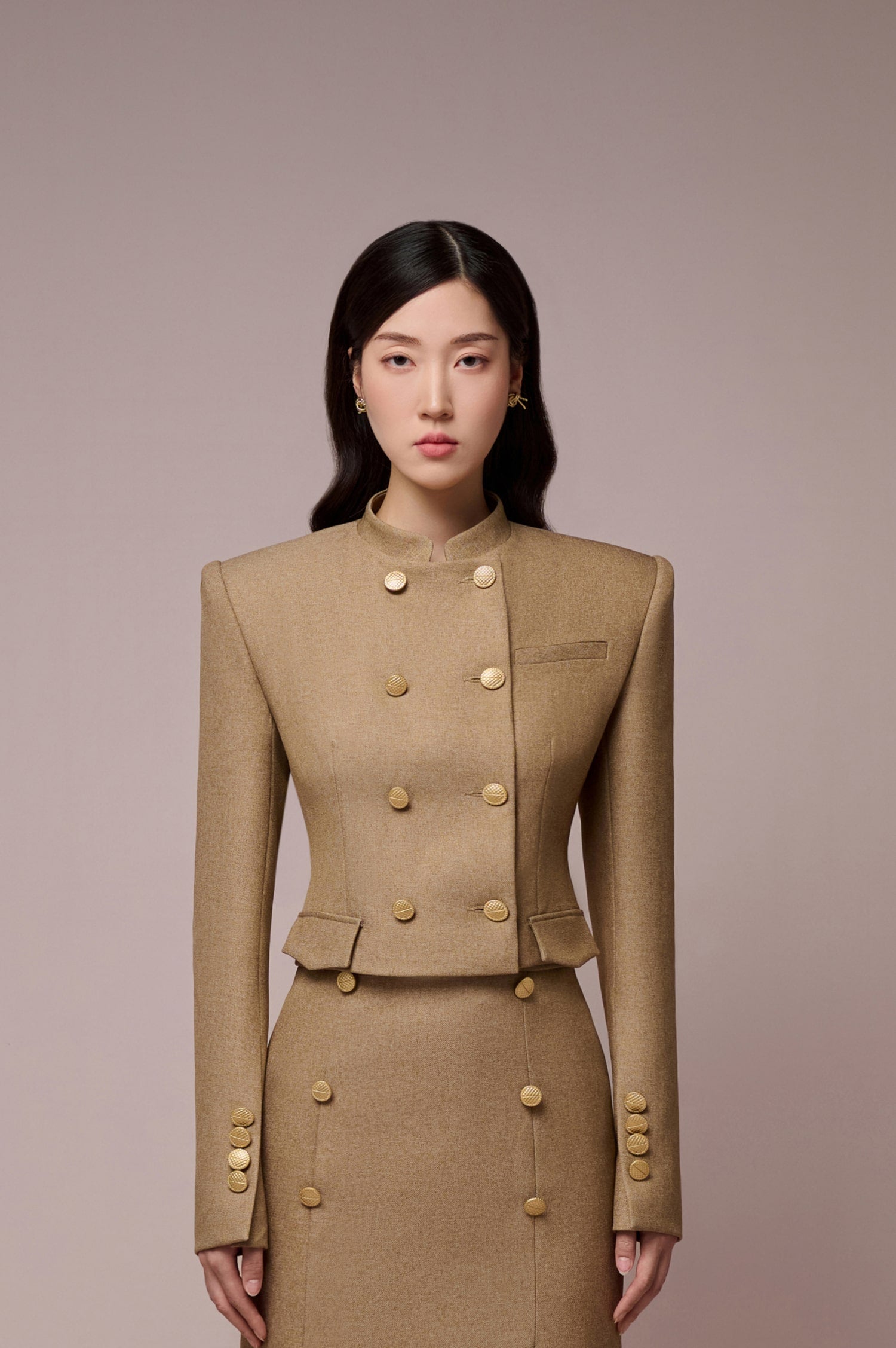 Chau Mandarin Collar Croptop  Jacket & Chau Slit Fishtail Skirt