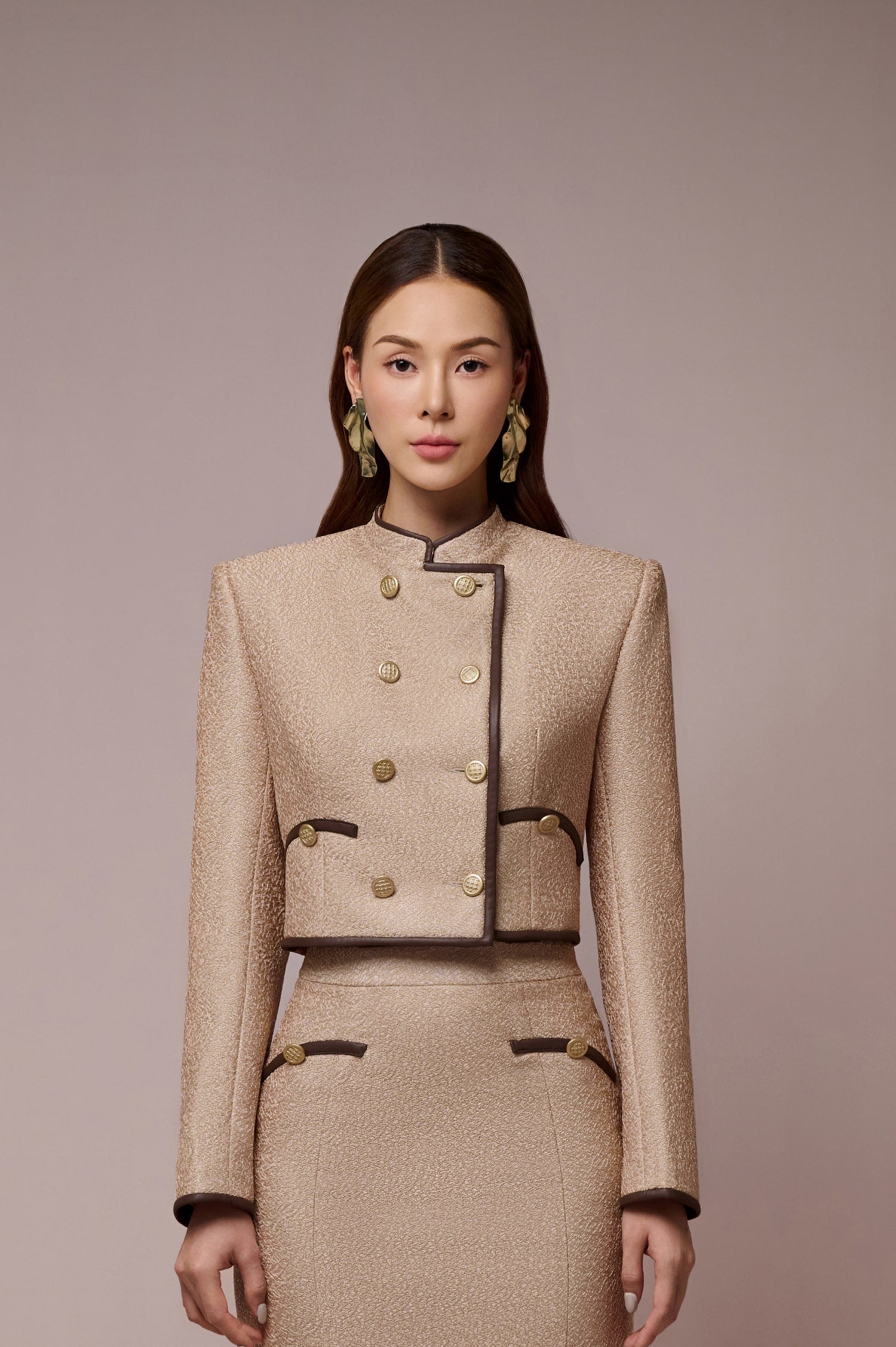 Linda Mandarin Collar Croptop Jacket & Linda Slit Fishtail Skirt