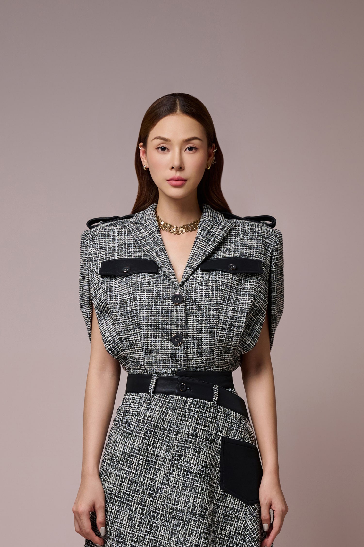 Clytia Caped Sleeves Croptop Jacket & Clytia Asymmetrical Hemline Skirt