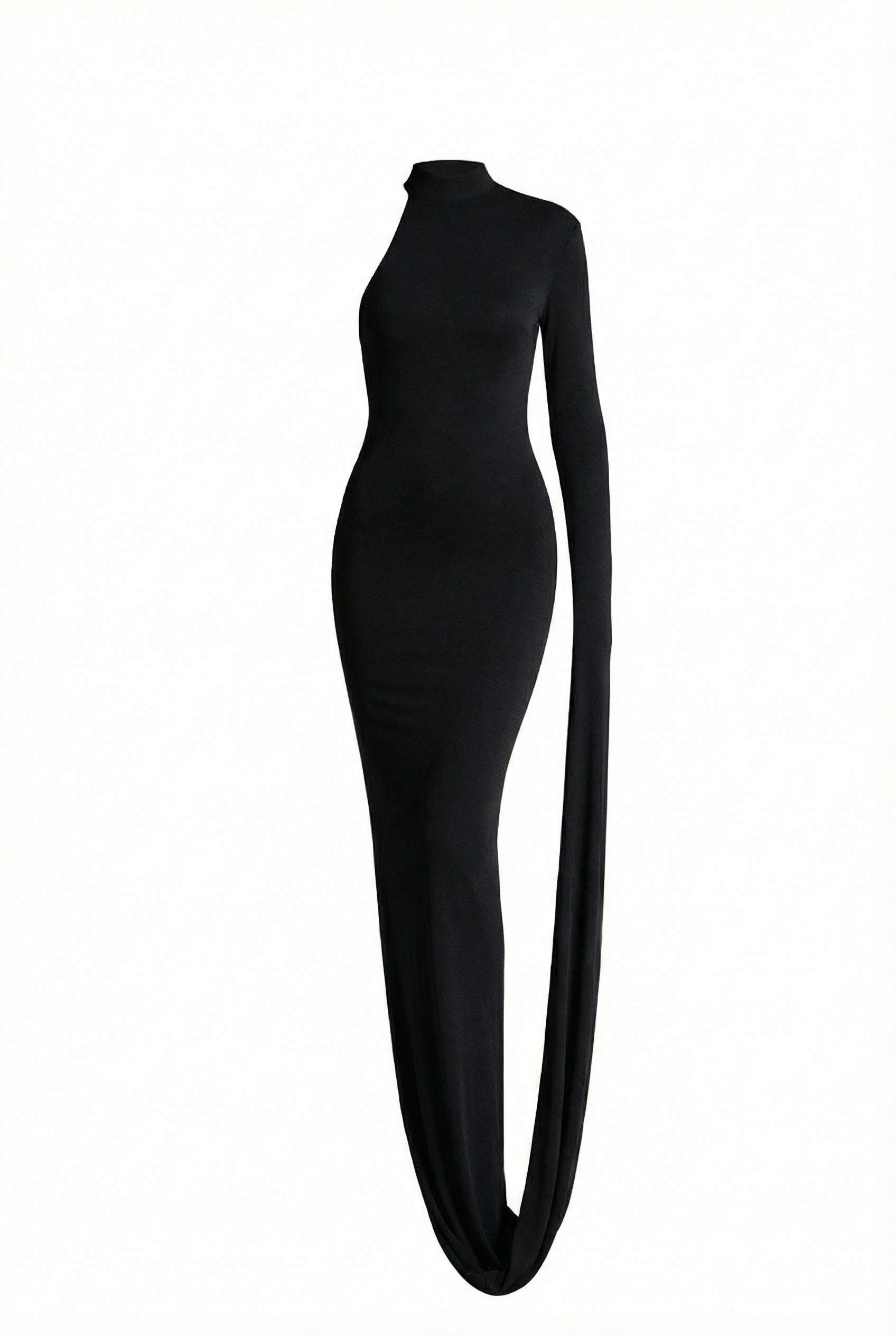 Asymmetric One-Sleeve Jersey Maxi Gown – Black