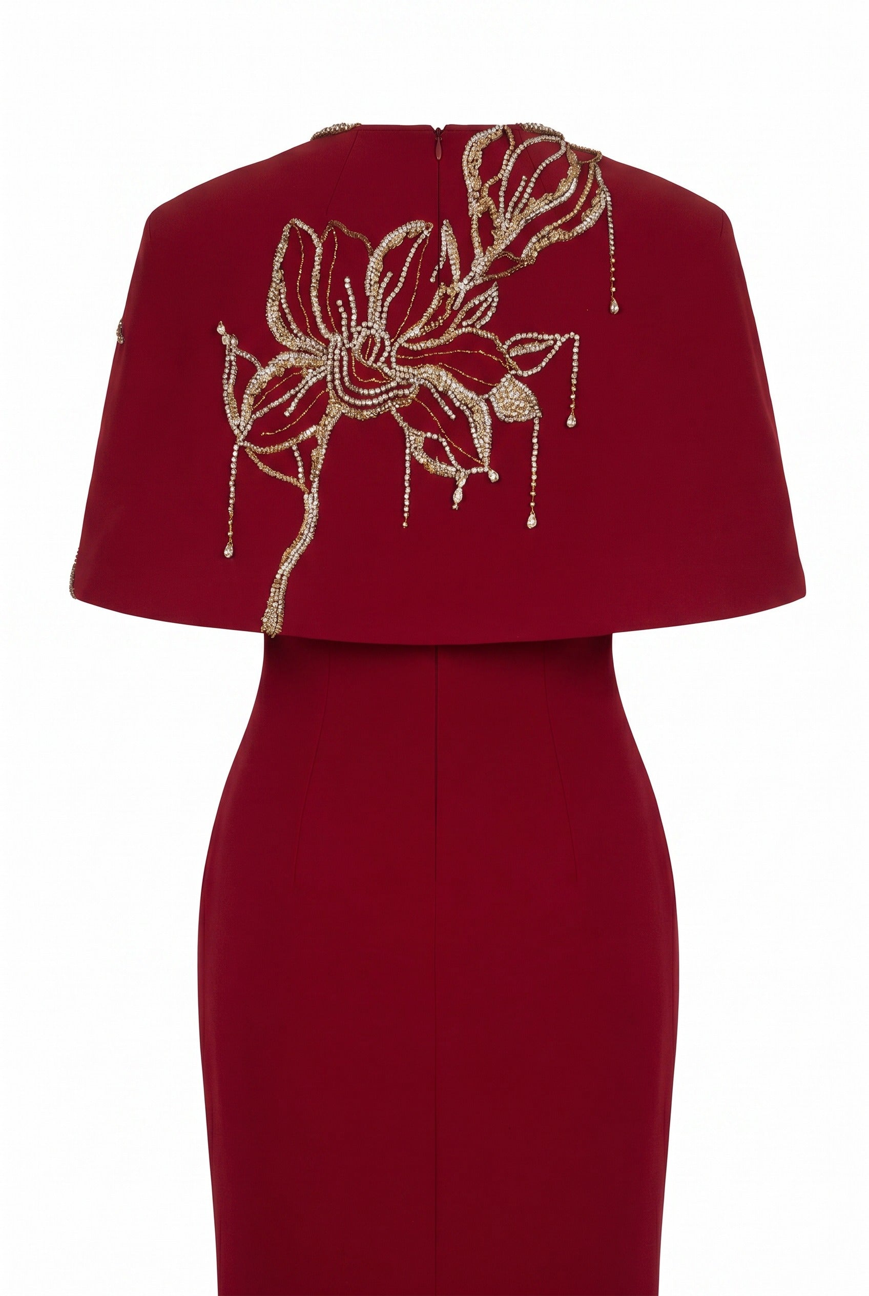 Floral Embellished Cape and Red Column Dress Set