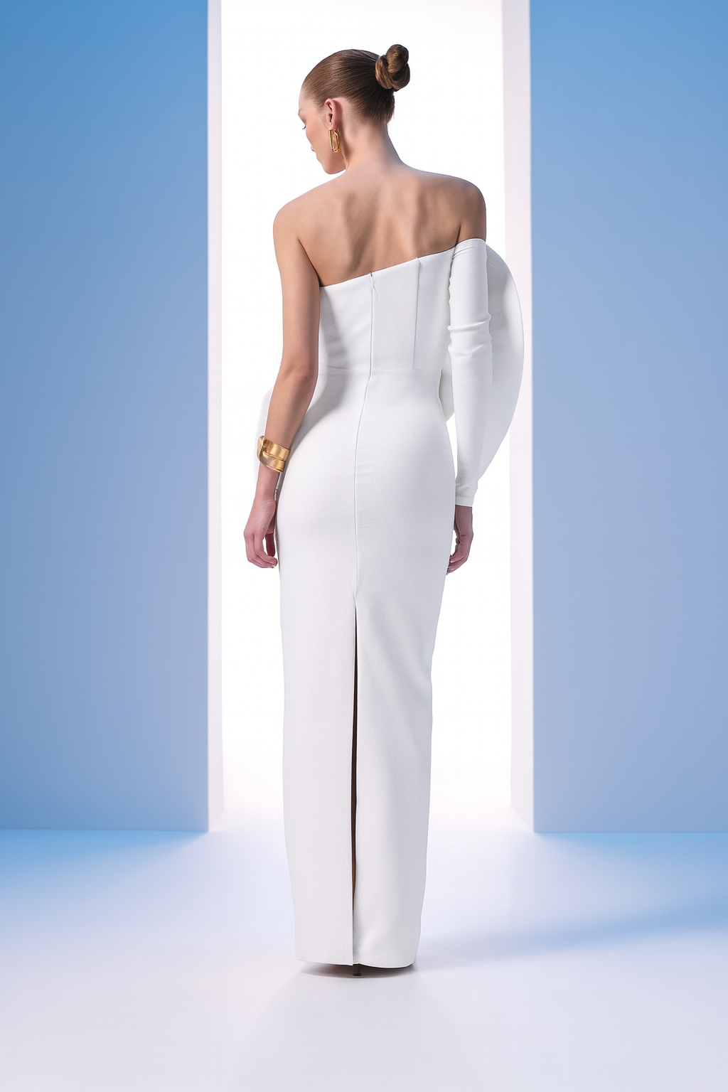 Nour Fathallah N0618 - Strapless Crepe Gown with Single Off-Shoulder Sleeve