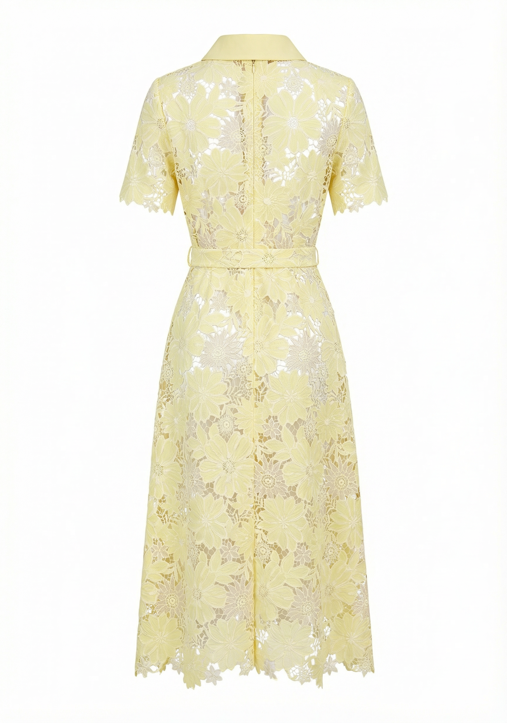 Belted Floral-Lace Shirt Midi Dress – Honey Yellow