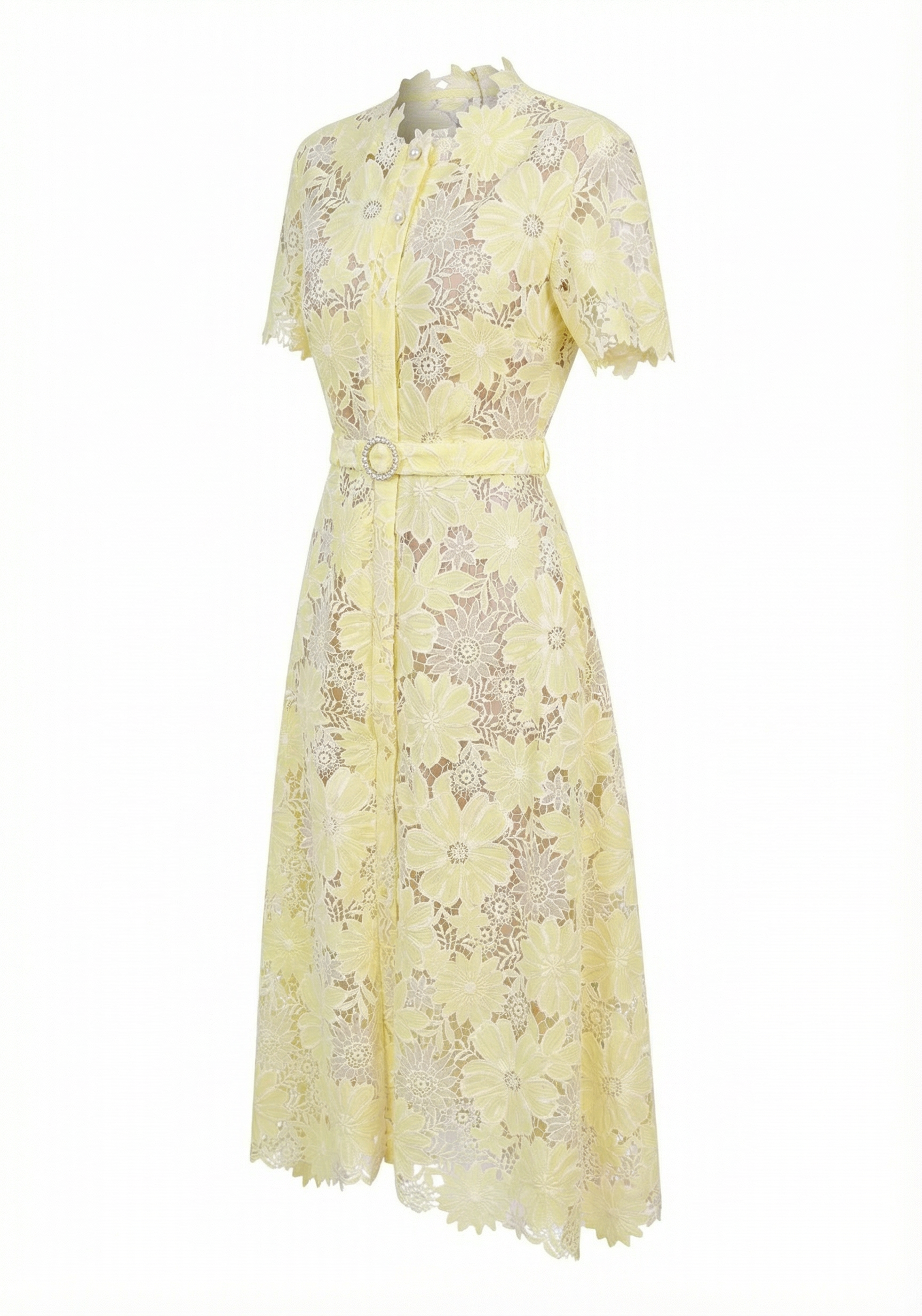 Belted Floral-Lace Shirt Midi Dress – Honey Yellow
