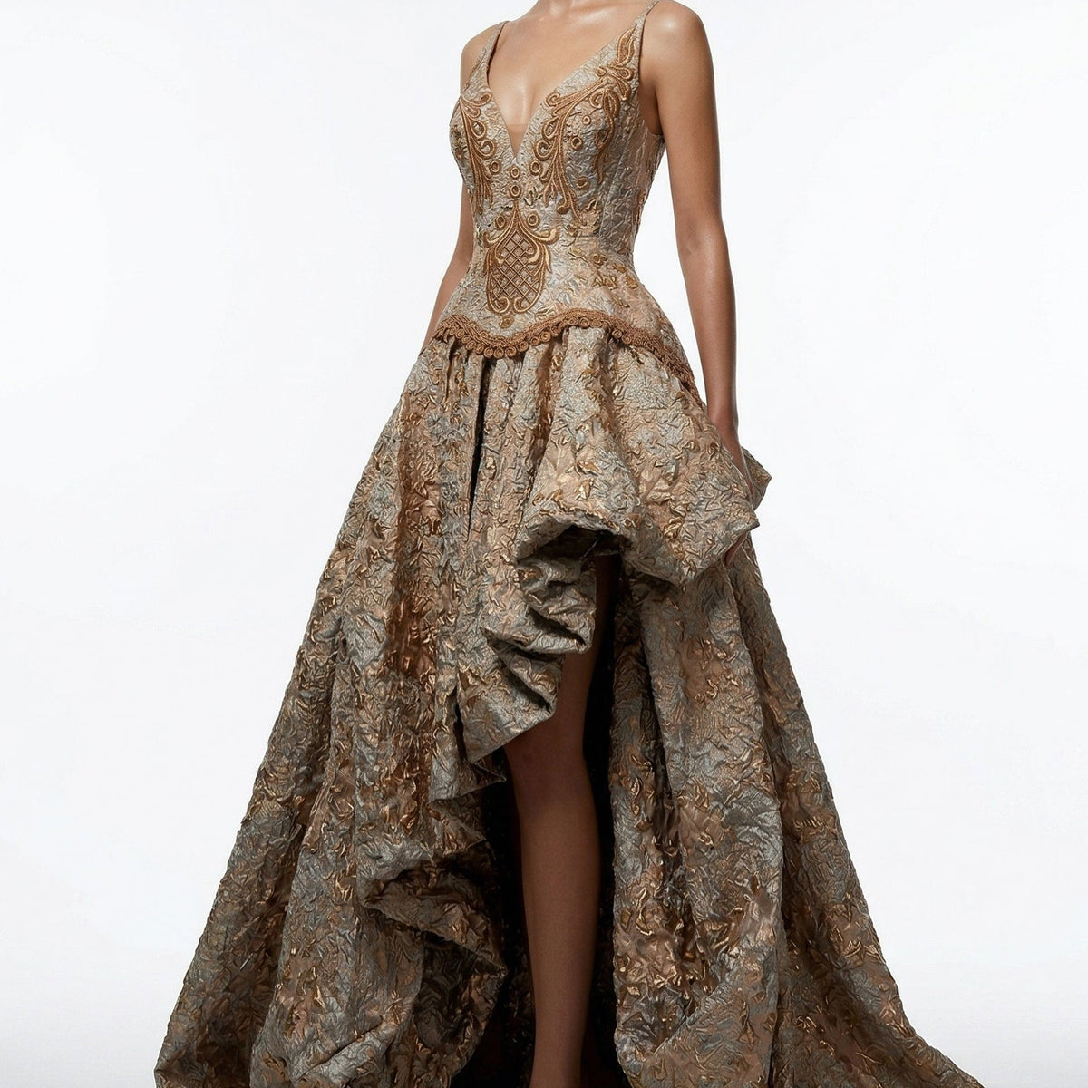 Fouad Sarkis F2366 | Gold Jacquard High-Low Corset Gown Fouad Sarkis F2366 | Gold Jacquard High-Low Corset Gown