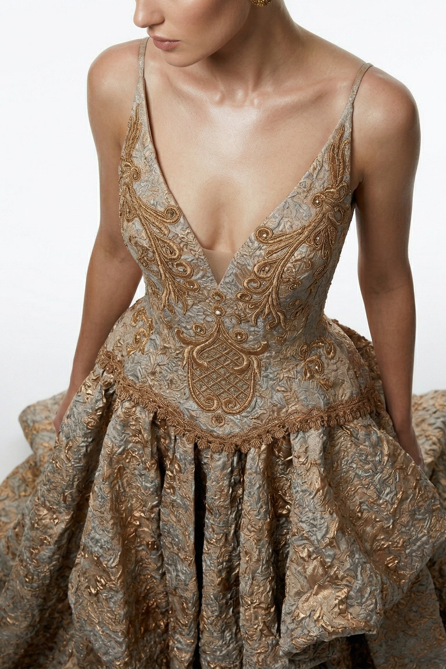 Fouad Sarkis F2366 – Gold Metallic Jacquard High-Low Corset Gown