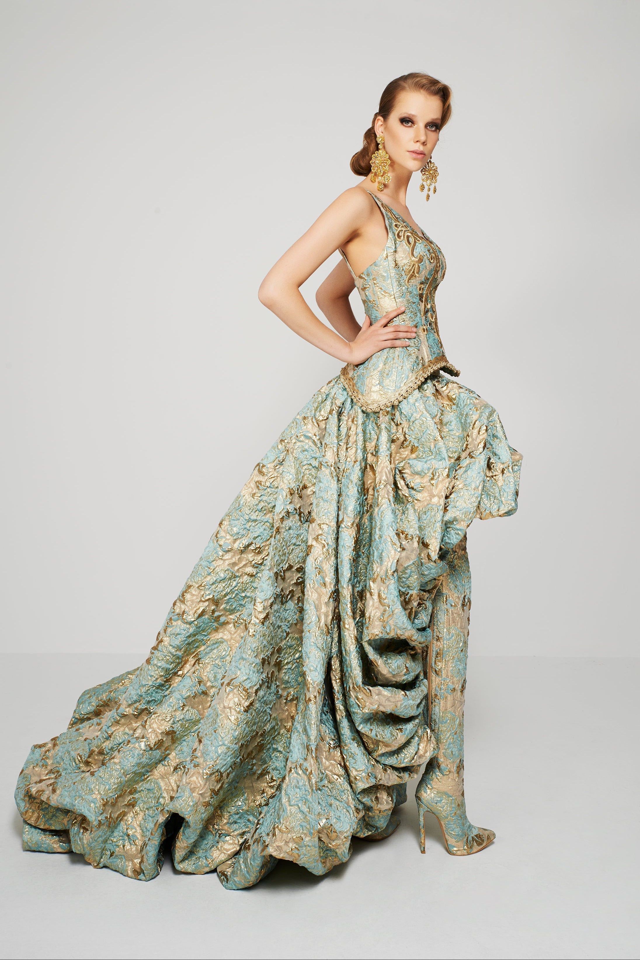 Fouad Sarkis F2366 Gold Metallic Jacquard High-Low Corset Gown - 4/36 / Rose gold Fouad Sarkis F2366 Gold Metallic Jacquard High-Low Corset Gown - 4/36 / Rose gold