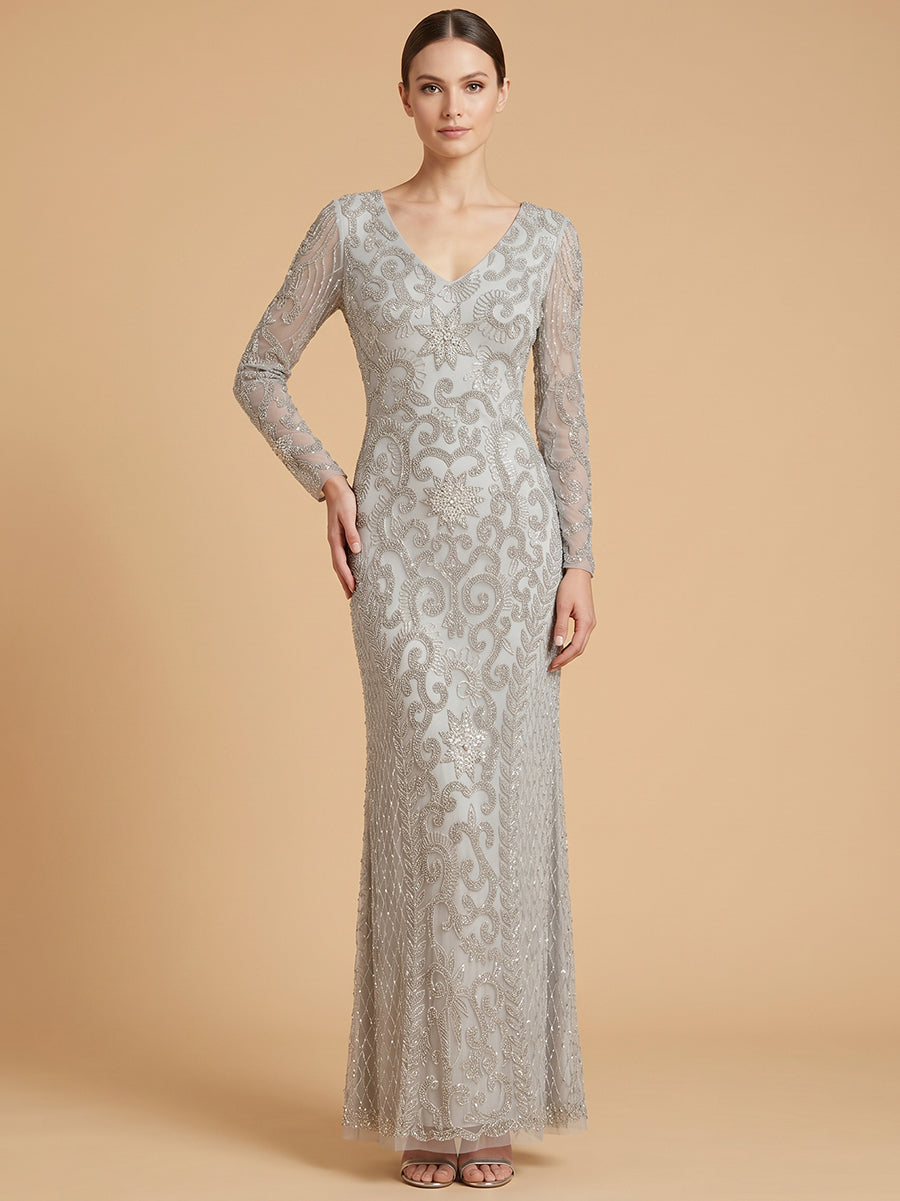 Long Sleeve V-Neck Beaded Evening Gown | 28836